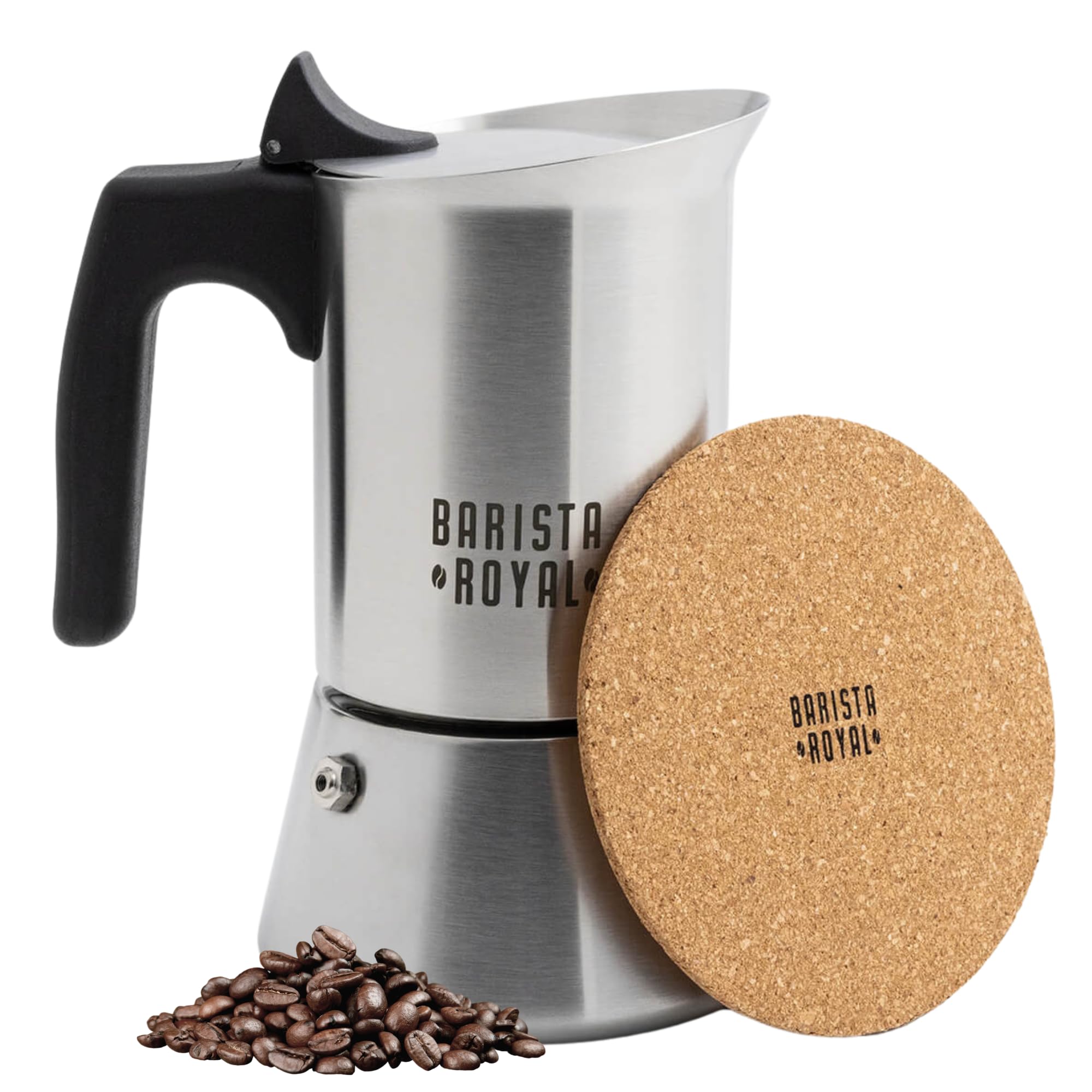 Barista Royal Cafetera expreso para 4 tazas [200 ml] de acero inoxidable – Cafetera moca, apta para todo tipo de fuegos, apta para lavavajillas