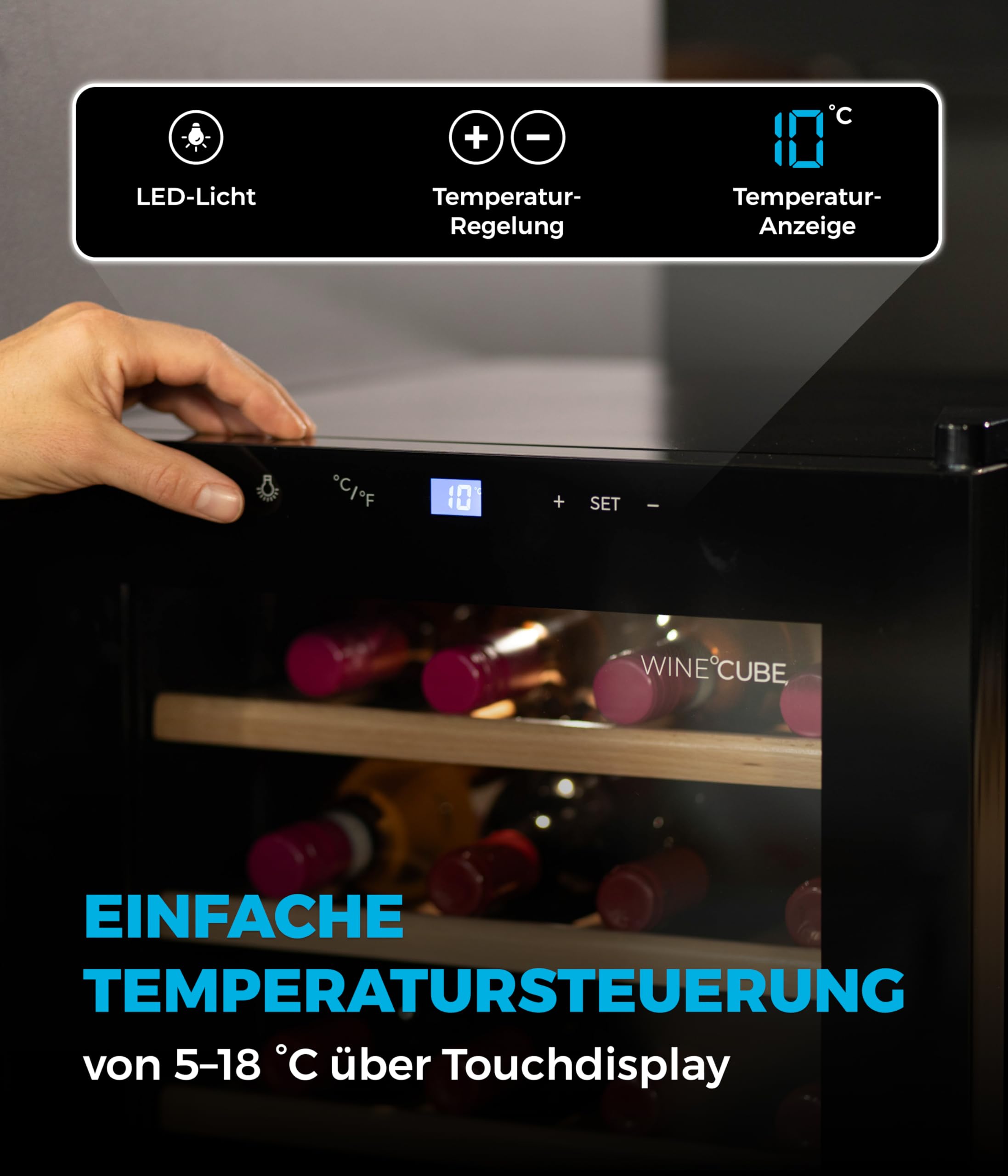 °CUBES Weinkühlschrank 28 Flaschen 90L Glastür Buchenholz 5-18°C vibrationsarm leise 40dB LED Display