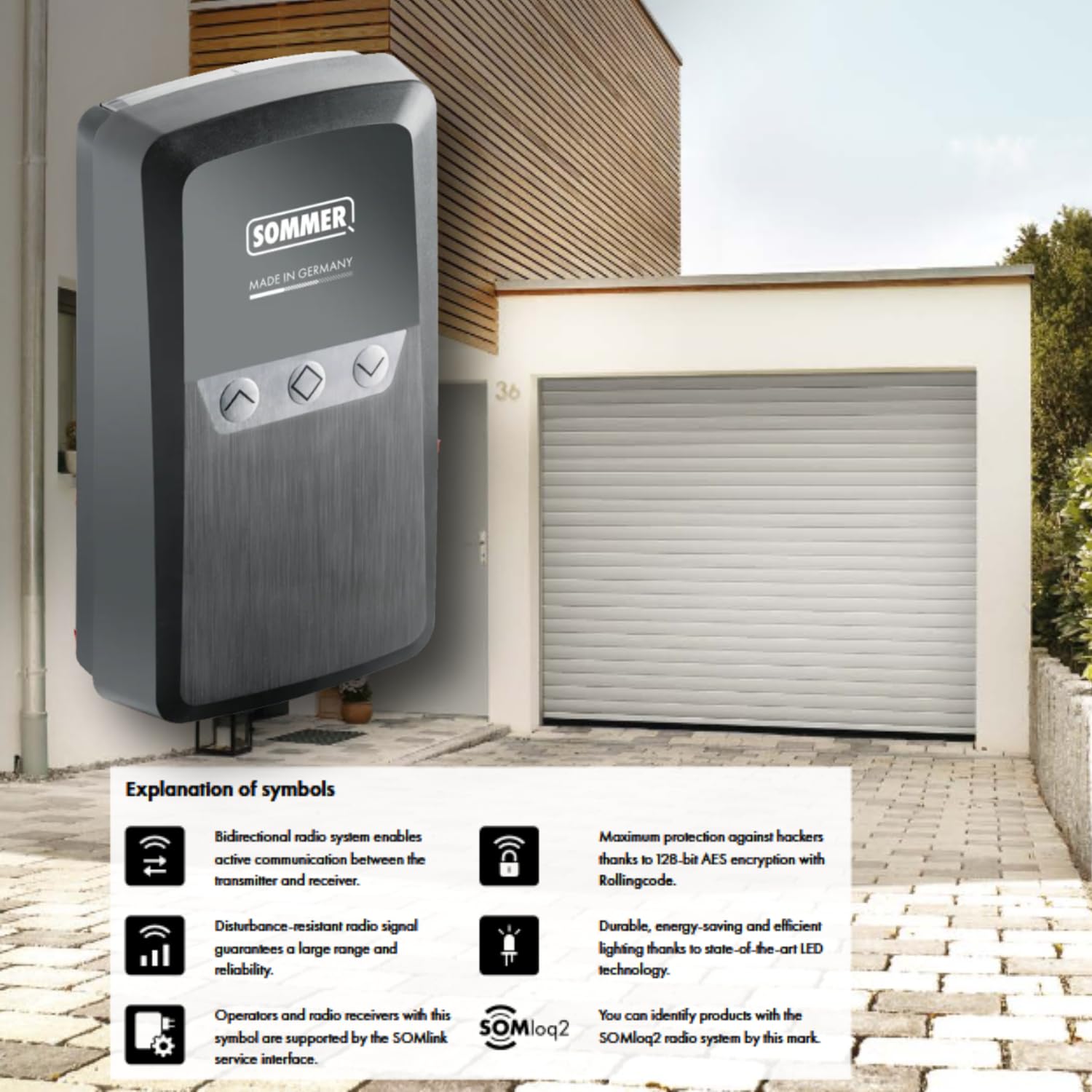 Unidad de control Sommer RDC Vision+ para motores de puertas de garaje enrollables, persianas metalicas, cierres enrollables. Incluye dos mandos para abridor de puerta de garaje Sommer Pearl, 868 MHz.