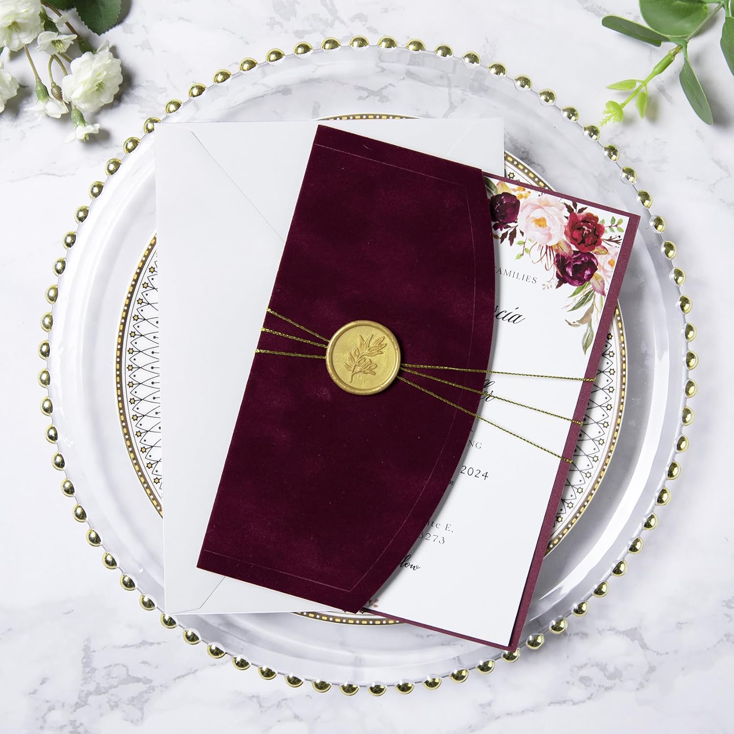 PONATIA 20PCS Wedding Invitation Cards Kits - 5x7 Wrap Pocket Invitation Cards with Envelopes, Gold Wax Seals, Ribbons For Weddings, Baby Shower, Birthday, XV Anos, Quinceanera Invitation (Velvet Burgundy)