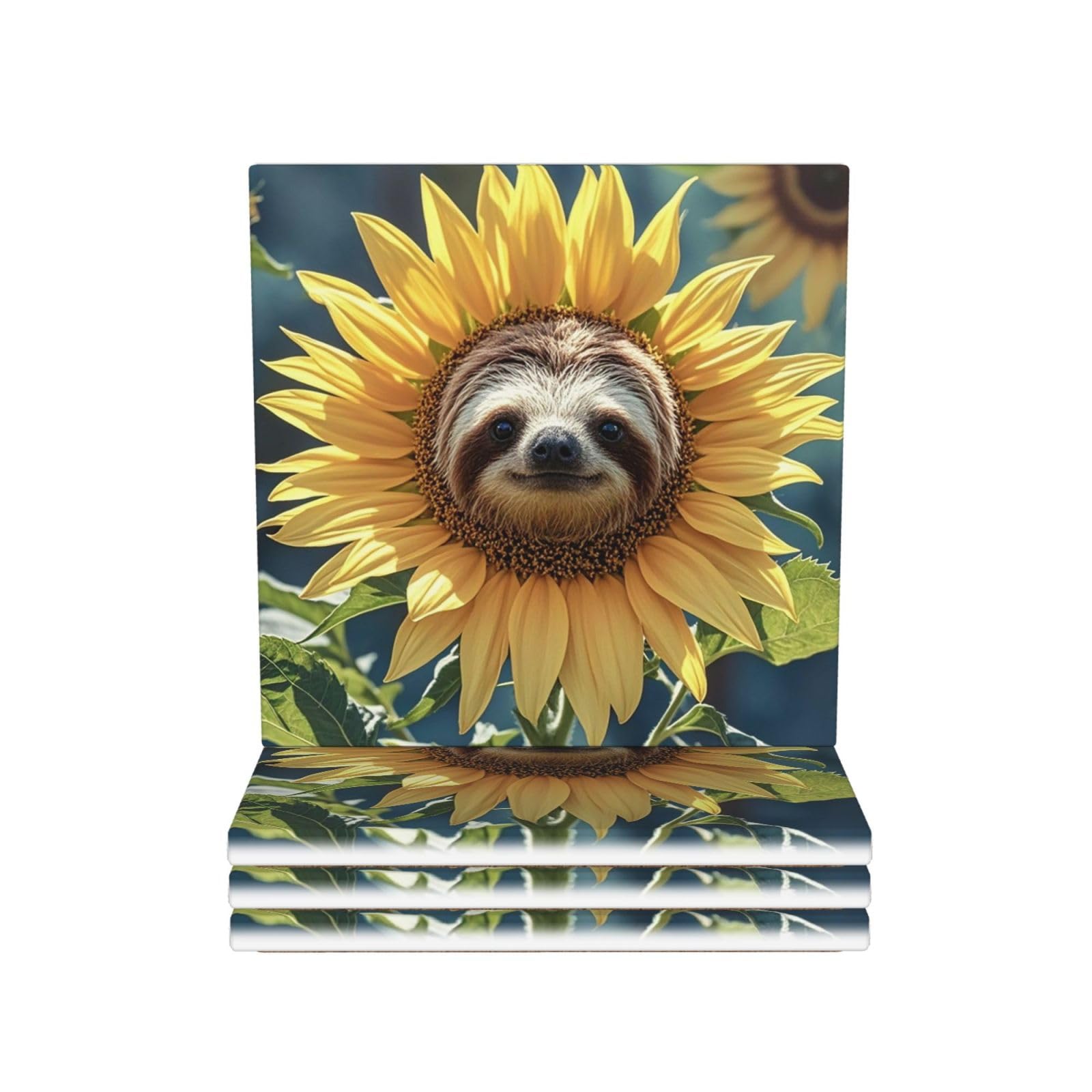 Drink Coasters Set of 4 Coffee Ceramic Coaster Sloth Sunflower Coasters for Drinks Coffee Cup Mat Heat Resistant Tabletop Protection Coaster Desk Accessorie Home Decorative