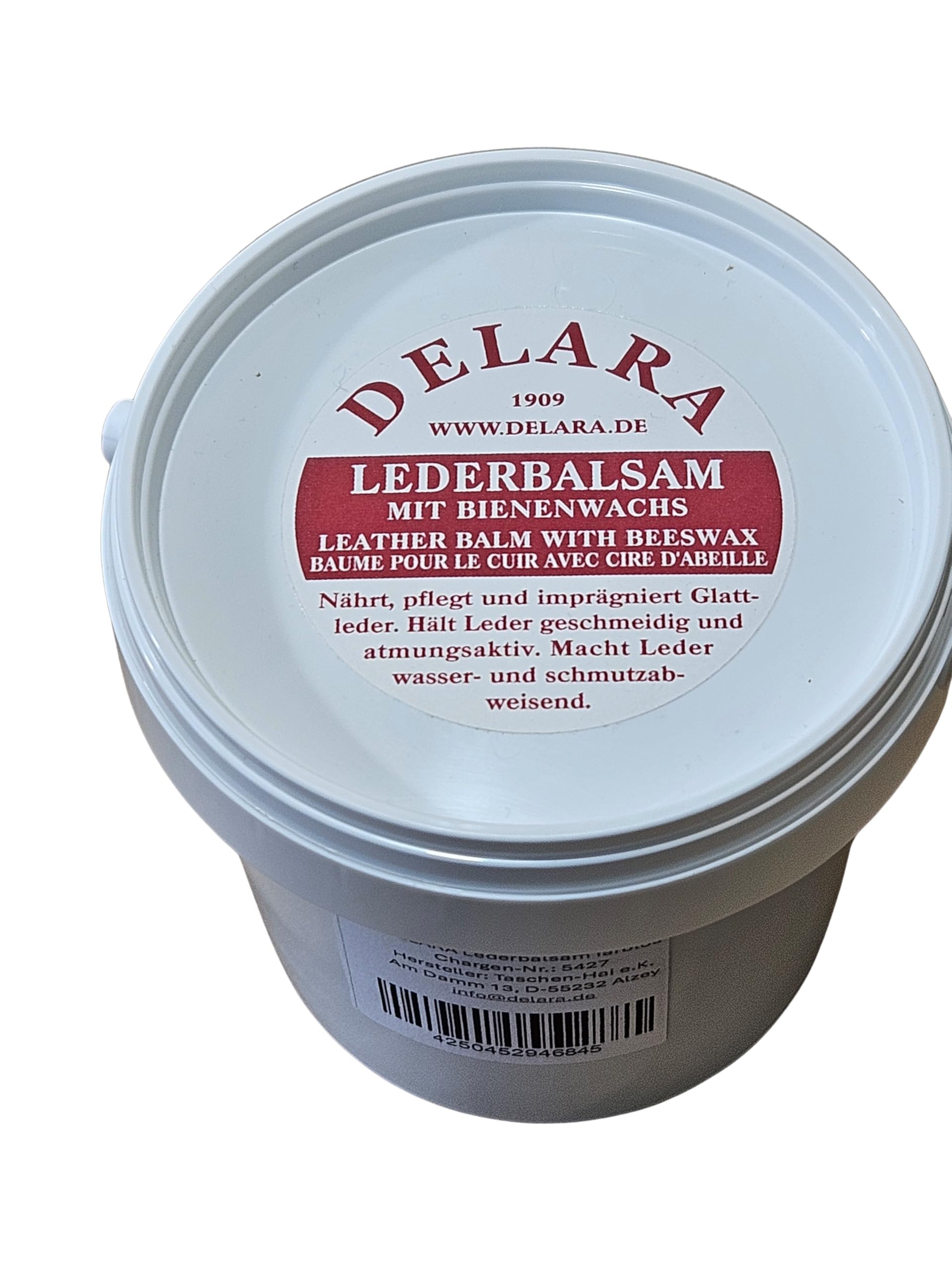 DELARA Bálsamo de cuero incoloro, con cera de abeja de alta calidad, hace que el cuero sea flexible y resistente al agua, 500 ml en cubo, fabricado en Alemania