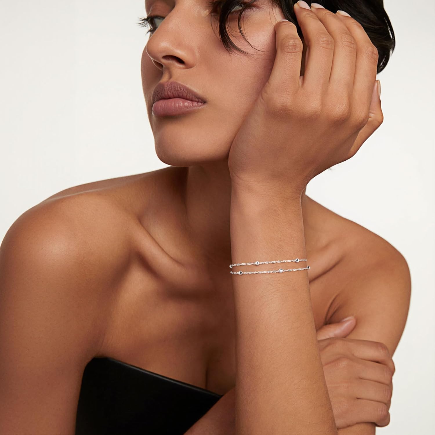 IEFWELL S925 Sterling Silver Bracelet for Women - 1.5mm Singapore Chain Bracelet, Dainty Double Strand Satellite Bead Bracelets, 6.5/7/7.5/8/8.5/9 Inches Jewelry Gifts for Women Her - Image 3