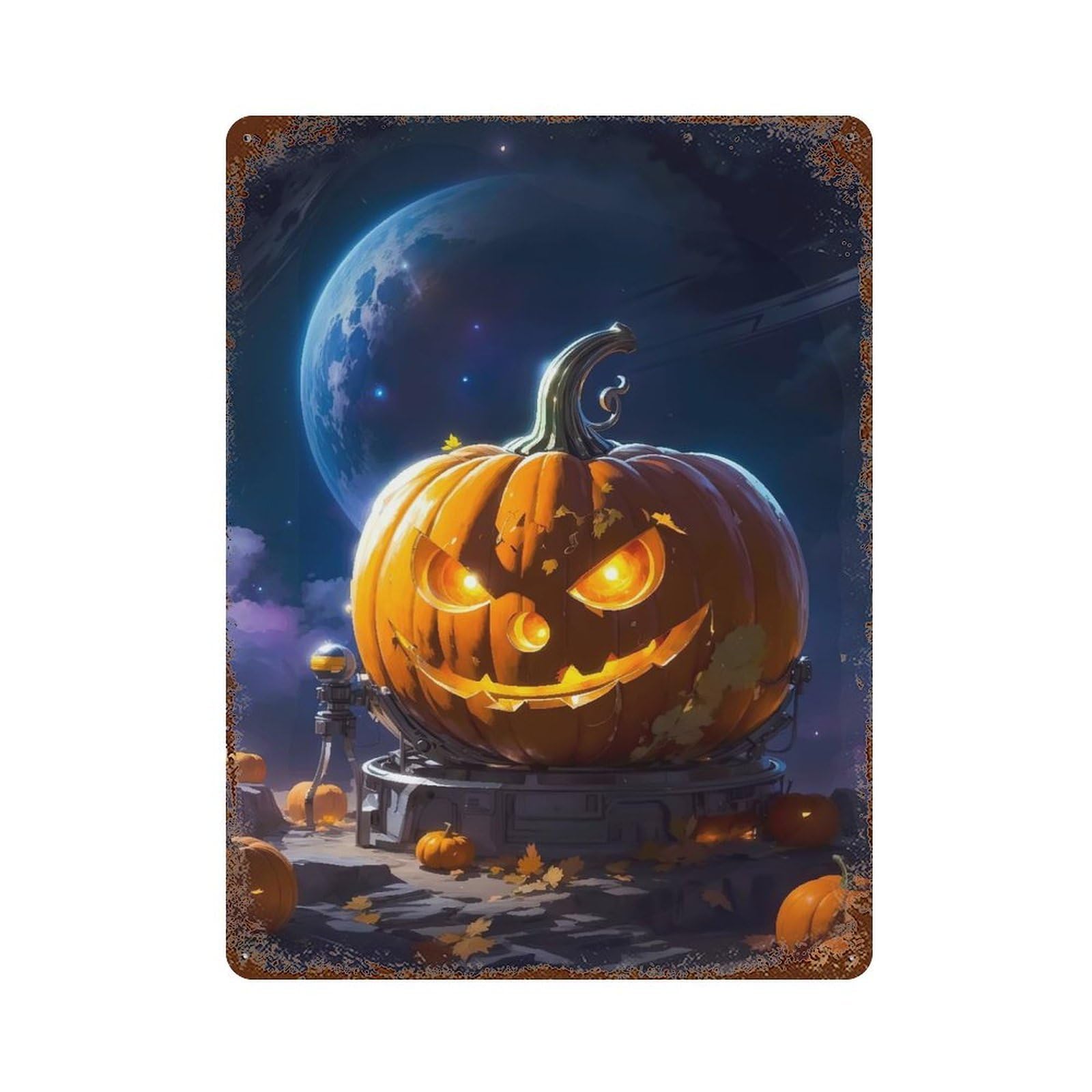 Weathered Tin Sign with Pumpkin Design 15.7"x11.8", for Basement, Hobby Room And Garage Decor, Industrial Home Decor