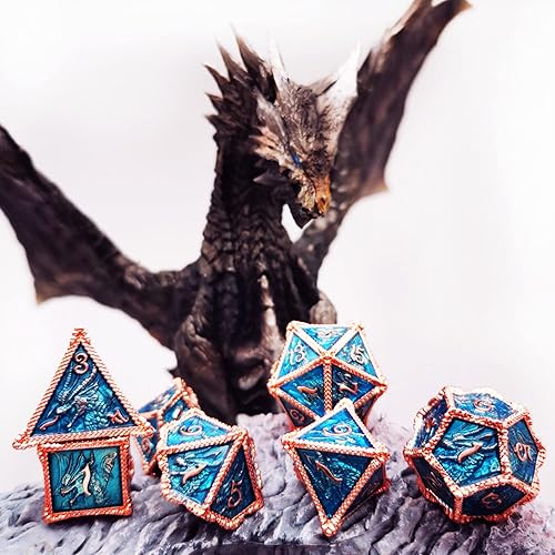 Vista 15 de HAOMEJA Juego de dados de dragón de metal hueco + resina, juego de 7 dados para juegos de rol D&D Dungeons and Dragons (azul) 1 Dragones