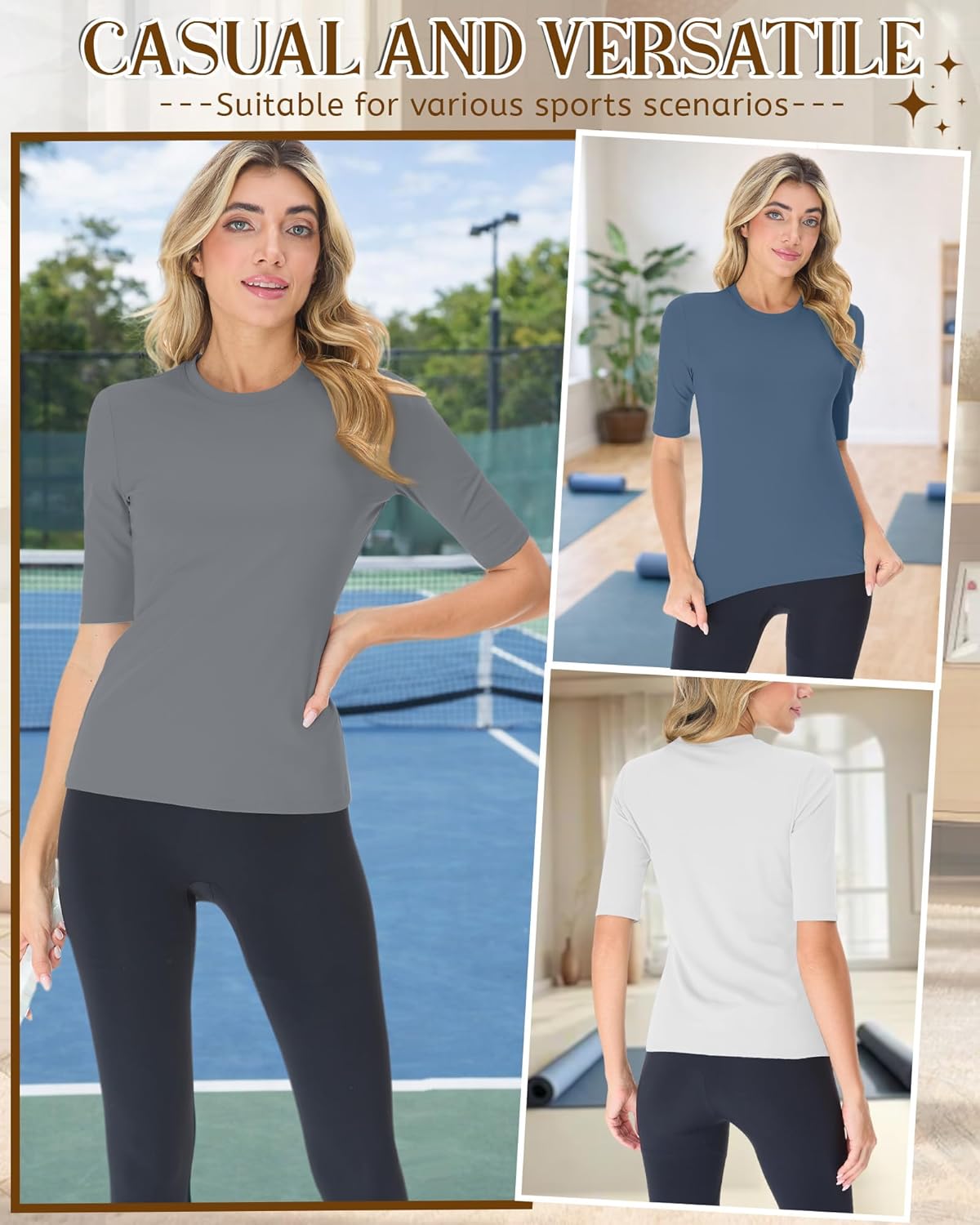 August Alley 4 Pack Women's Compression Shirts Half Sleeve Workout Tops Fitted Elbow Length T-Shirts Athletic 1/2 Sleeve Tops