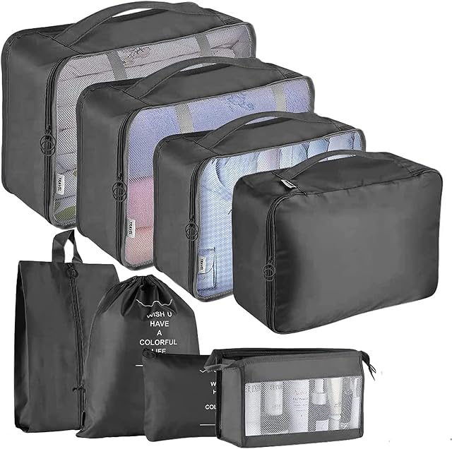 8 Ensemble Cubes d'emballage - Mesh de voyage étanches organisateur de bagages avec sac de chaussures (Noir)