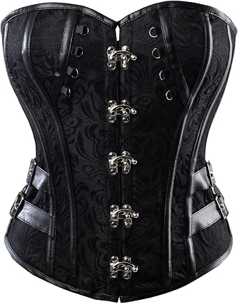 Cosfun Womens Faux Leather Buckle Corset Tops Steampunk Jacquard Corsets Bustiers Lace-up Back