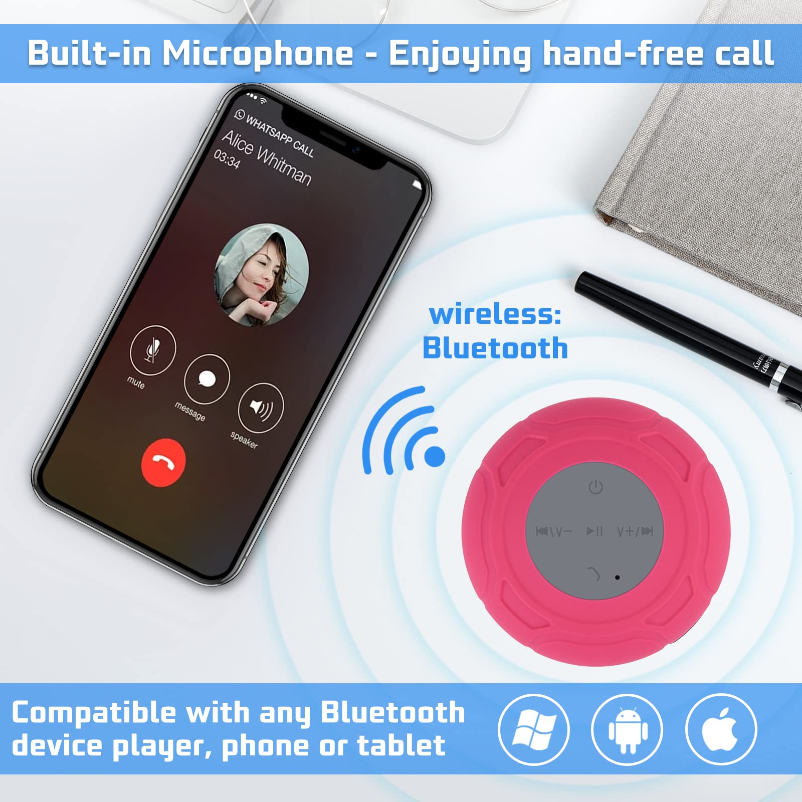 Altoparlante da doccia Bluetooth impermeabile, portatile, senza fili, resistente all'acqua, con ventosa, microfono integrato, idea regalo per bambini, per bagno, cucina, colore: rosso