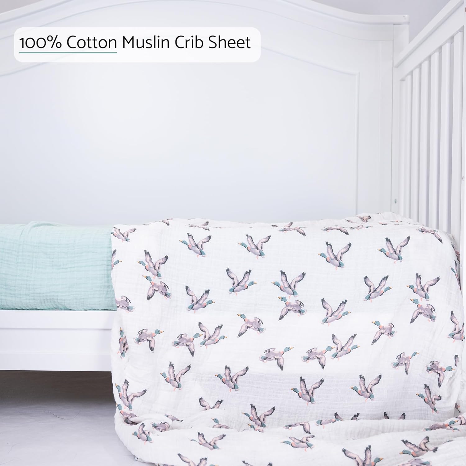 LollyBanks Muslin Crib Sheets 2 Pack, Soft and Breathable Baby Crib Sheets for Standard 52 x 28 inches Mattress, 100% Cotton Neutral Baby Bed Sheet, Infant Registry (Mallard Duck and Solid Green)