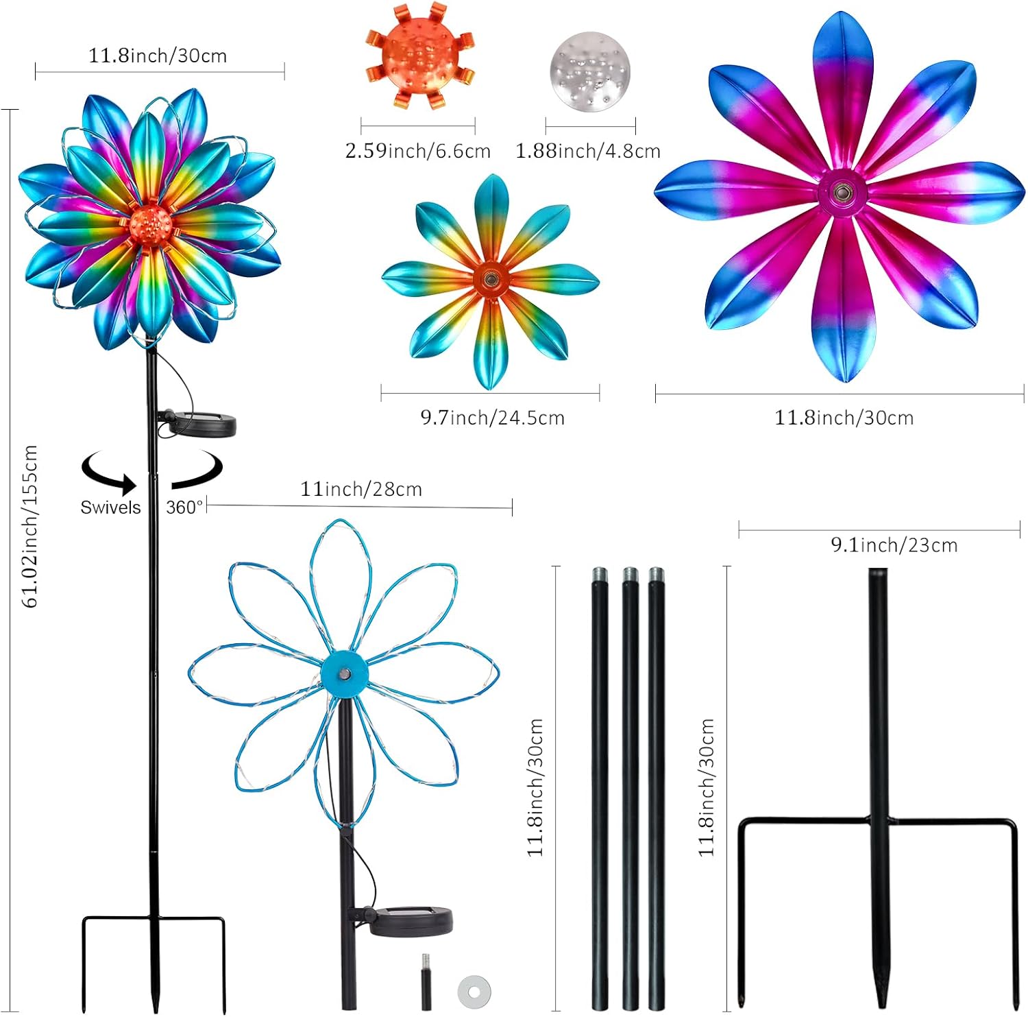 Flower Solar Wind Spinners - 61'' Metal Colorful Spinning Windmill Garden Ligths with LED Outdoor Decorative Stake Lighting Waterproof Flower Sculpture for Patio Yard
