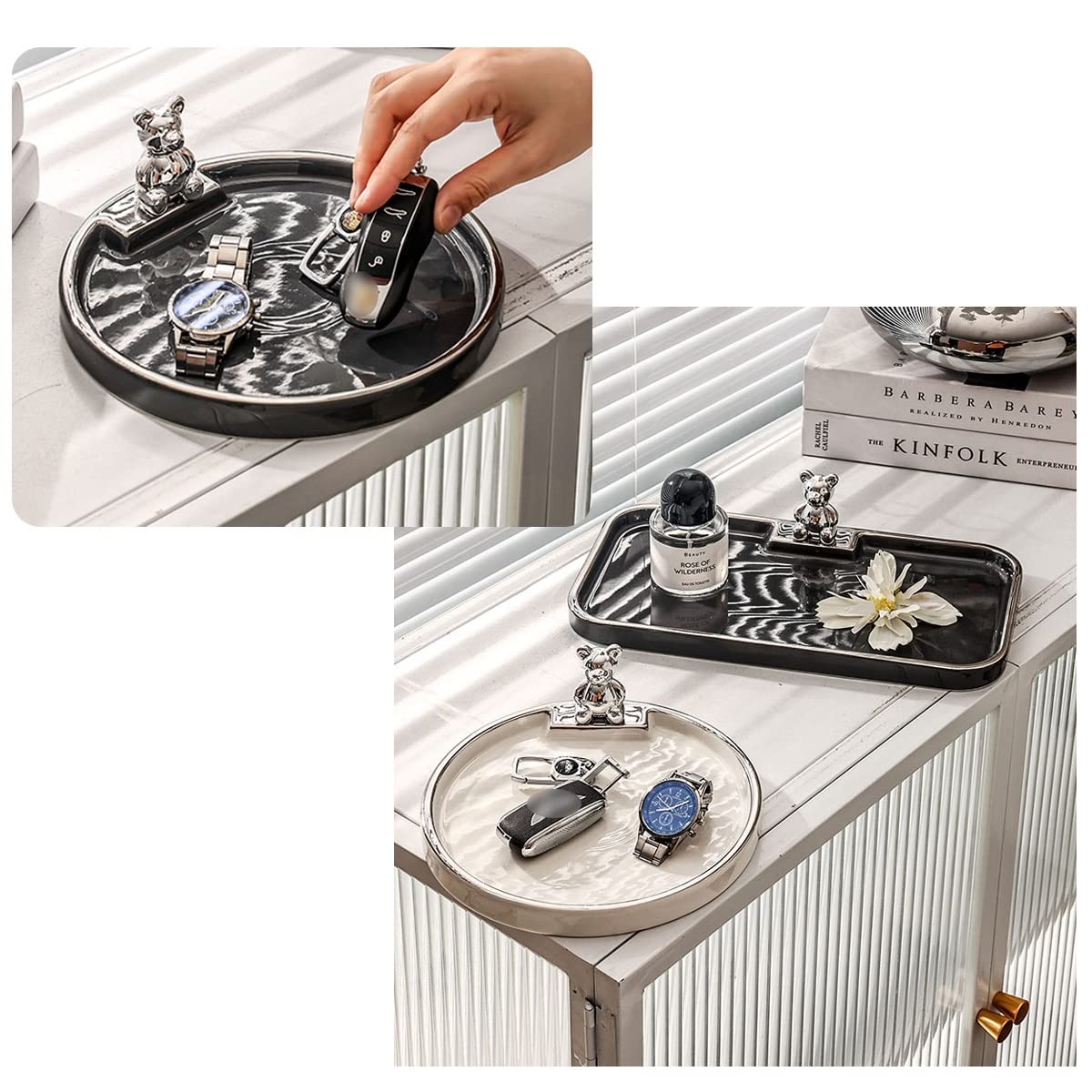 LEIYTFE Vaciabolsillos Recibidor Organizador De Bandejas Decorativas De Cerámica, Bandeja Decorativa para Platos con Abalorios para Llaves Regalos para Mujeres, Plato De Joyería De Cerámica