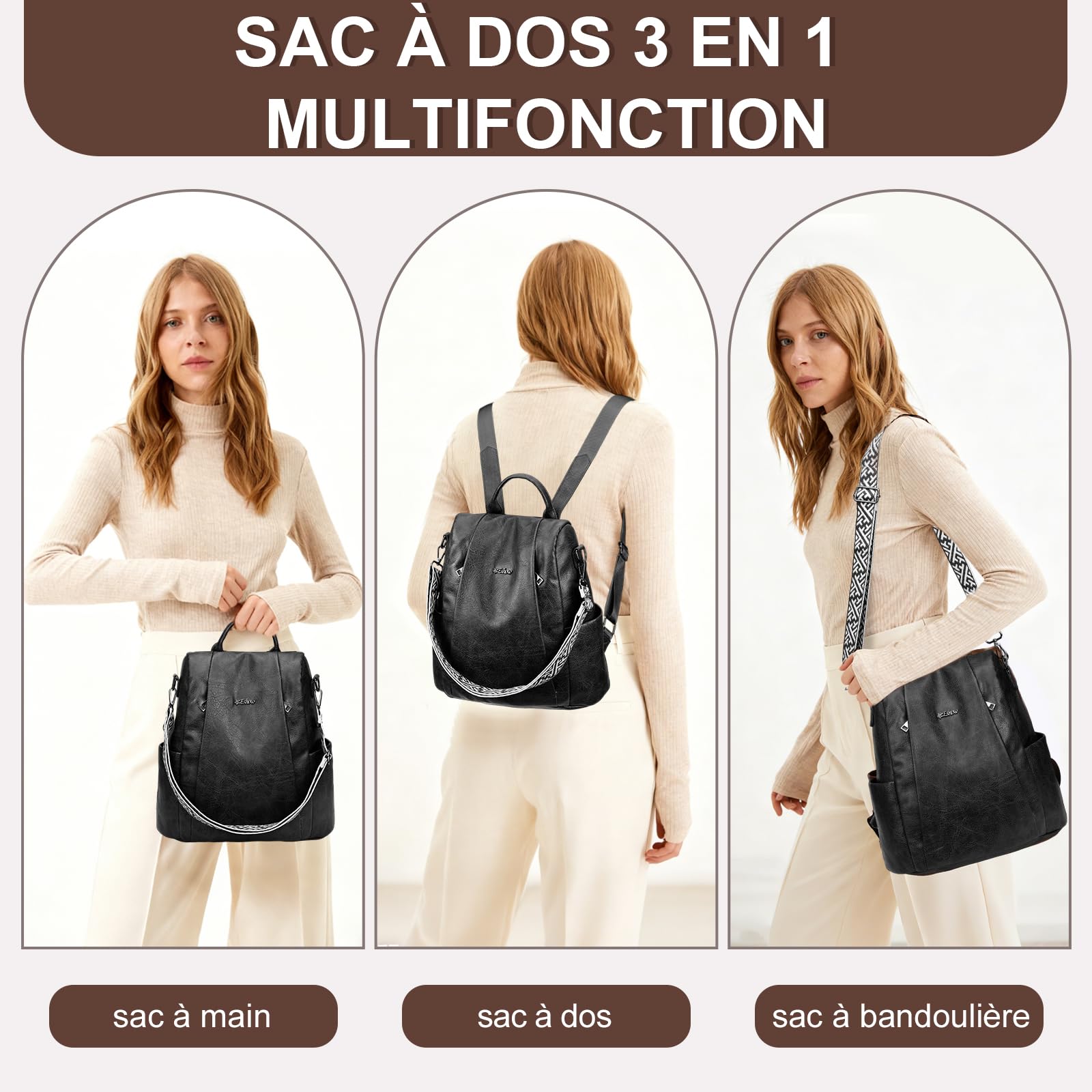 Eshow Petit Sac a Dos Femme Antivol, Sacs à Main Portés Dos Elégant Léger Imperméable PU Cuir, Sacoche Bandoulière avec Étui anti RFID & Pochette pour Voyage Travail Loisirs Université Noir