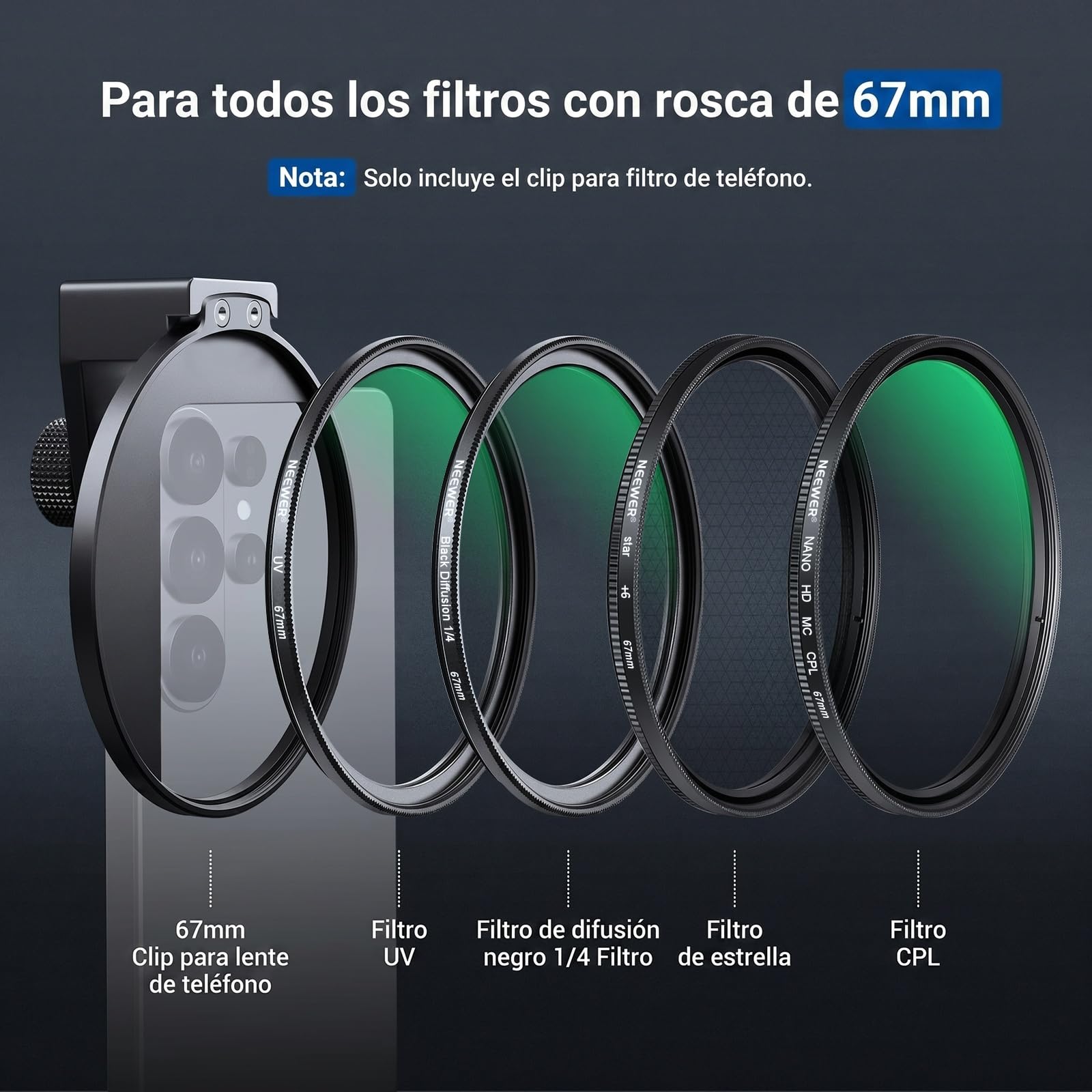 NEEWER 67mm Clip Filtro de Móvil, Abrazadera Filtro Objetivo Montura Zapata Fría, Accesorios Fotografía Celular Compatible con iPhone 17 Pro MAX 16 Pro MAX Air 17e 16e Android Samsung S26 Ultra,LA009