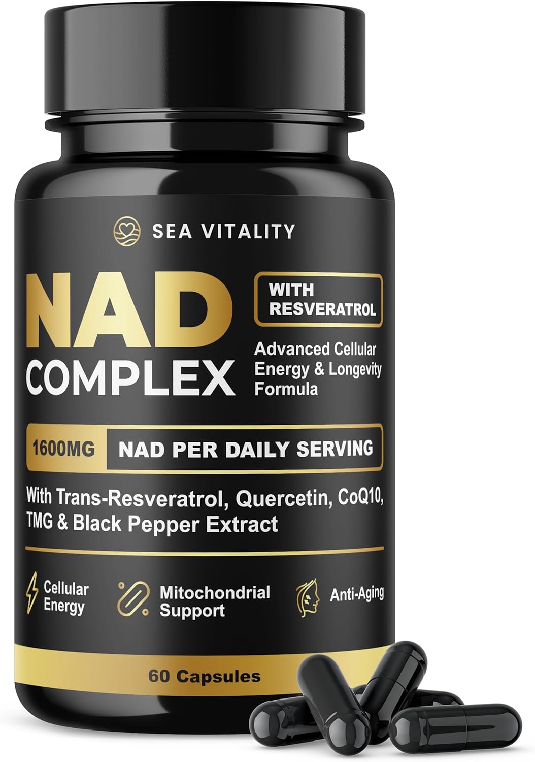 NAD Booster Complex with Resveratrol, Quercetin, CoQ10 & TMG | High Strength Cellular Energy & Longevity Support | NAD Supplements UK | 60 Vegan Capsules | Mitochondria & Healthy Aging Support