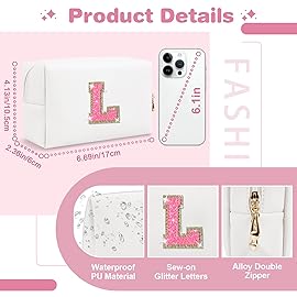 Small Personalized Initial A-Z Patch Makeup Bag,White Cute PU Leather Glitter Letter Cosmetic Bag for Teen Girls,Travel Toiletry Bag with Zipper,Preppy Monogrammed Birthday Gift for Daughter Niece L