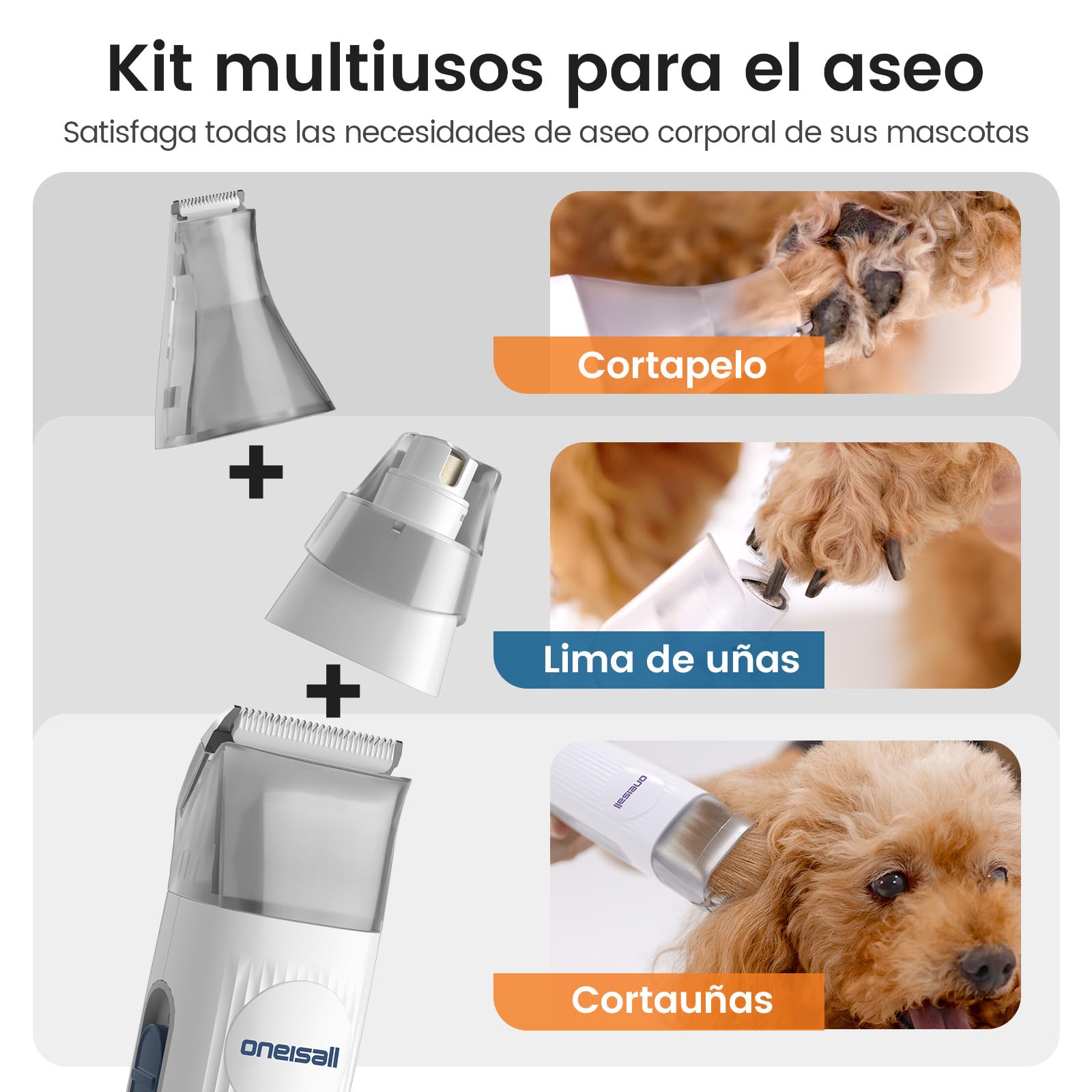 oneisall Cortapelos Perros con aspiradora de pelo, Aspira el 99% del pelo de las mascotas, máquina de corte silenciosa para perros y gatos y otras 7 herramientas de aseo (azul)