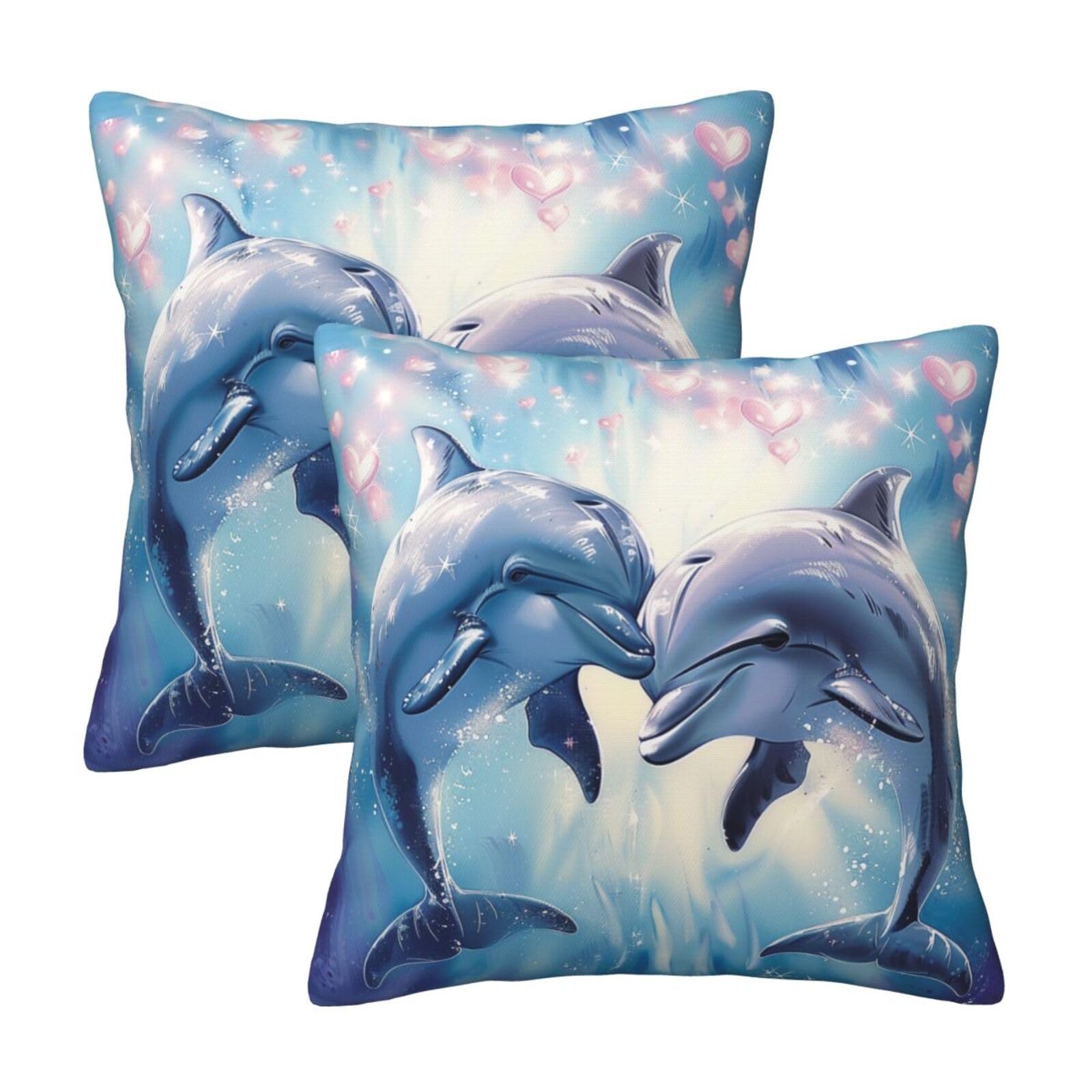 kkvhhyuo Dolphins in Love 1 Print Pillow Covers Set of 2, Square Decorative Cushion Covers with Hidden Zipper, Throw Pillow Cases for Living Room Sofa Bed Chair, 45x45 cm