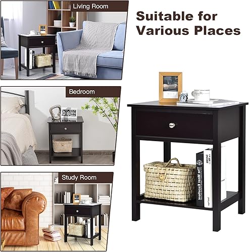 Miniatura 8 de COSTWAY Mesita de noche con cajón Estante de almacenamiento Mesita de noche de madera Sofá Mesa auxiliar Marrón