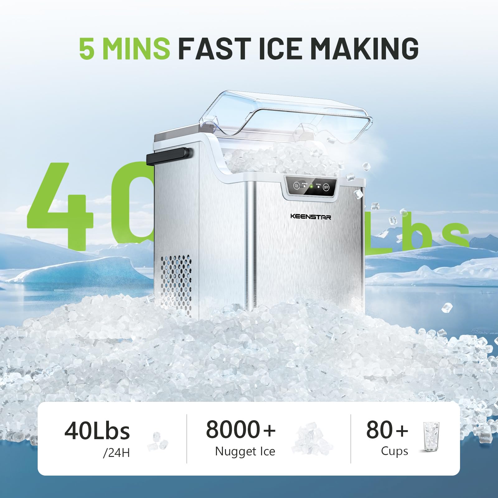 Nugget Ice Maker Countertop, Large Capacity 40lbs/24H, Pebble Ice Maker with Soft Chewable Ice, Self Cleaning, Smart Touch Screen, Sonic Ice Machine for Home Office Party RV on Fridge.com