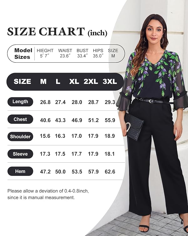 Bebonnie Women Blouses Dressy Casual Tops: Womens Ruffle 3/4 Sleeve V Neck Double Layers - Flowy Chiffon Blouse Business Office Work - School Teacher Shirts for Womens Fashion Black Violet M by Bebonnie - Used condition - Image 6