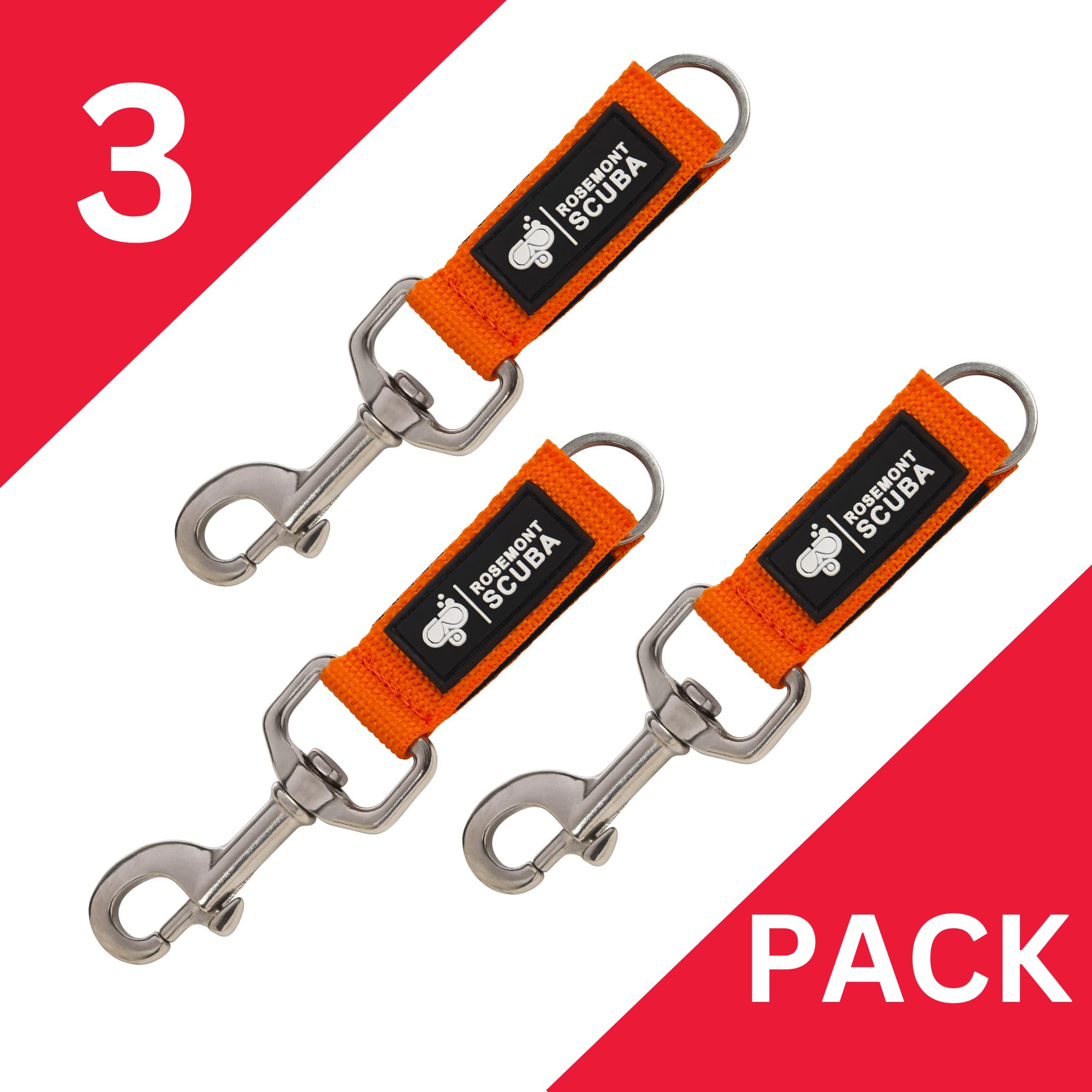 3-Pack Versatile Lightweight Custom Clips with Nylon Webbing, SS Single Bolt Snap Carabiner, Hook & Loop Fastener, and Split Ring for Scuba Diving and More