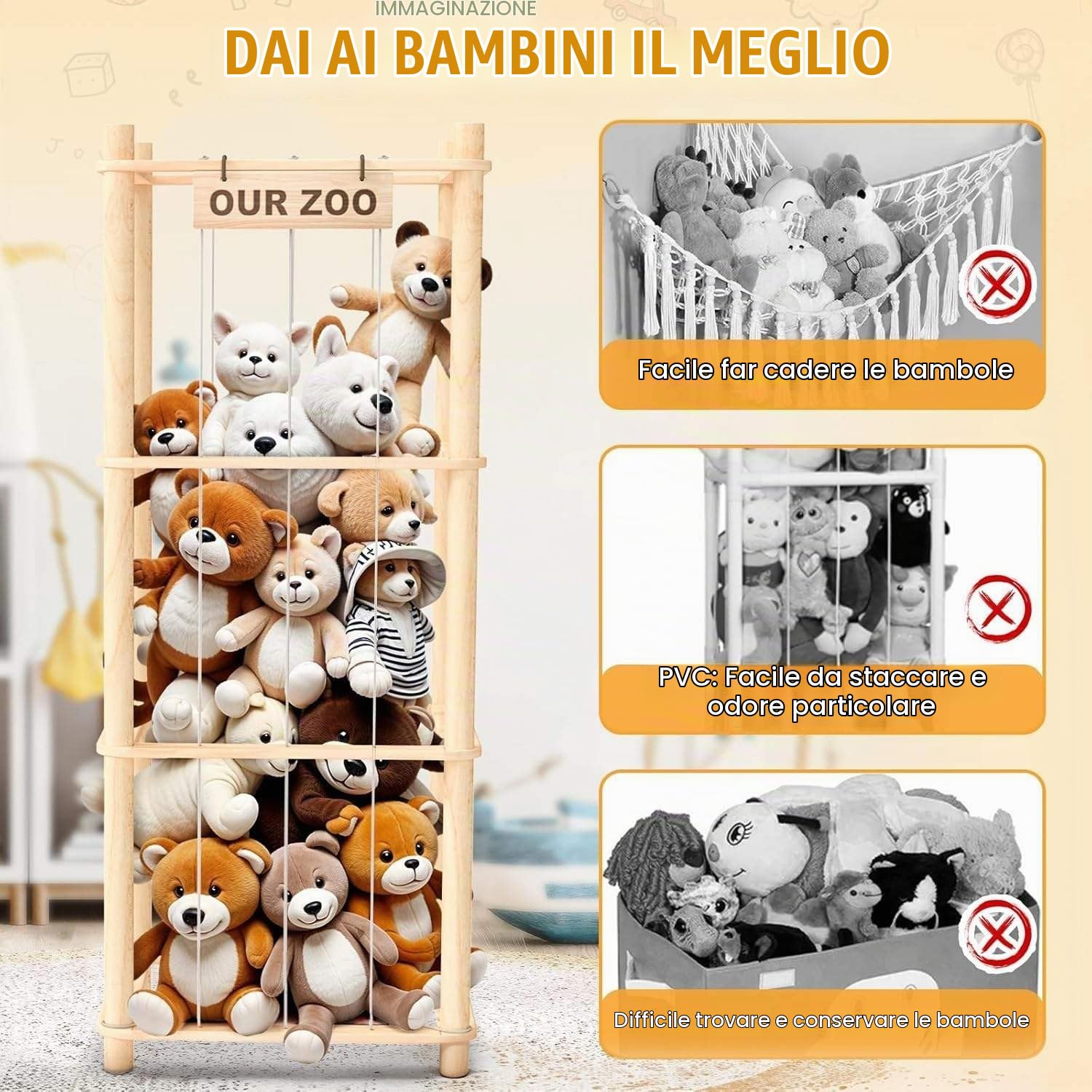 NEWFUN Porta Peluche, Contenitore Porta Giocattoli in Legno, Grande Capienza, Salvaspazio, Adatto per Camerette, Sale Giochi e Camere da Letto