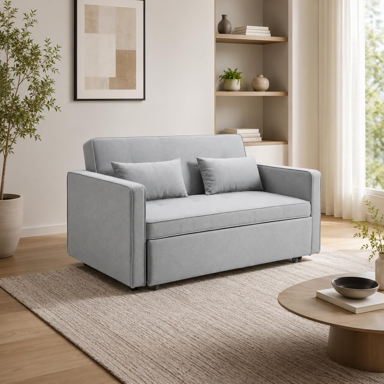 Sofá Cama 2 Plazas Clic Clac Terciopelo Gris, Convertible en Cama Doble 193x113 cm, Plegable con Cojines, Espuma Densidad 25 kg/m³, Diseño Moderno para Salón y Habitaciones Pequeñas