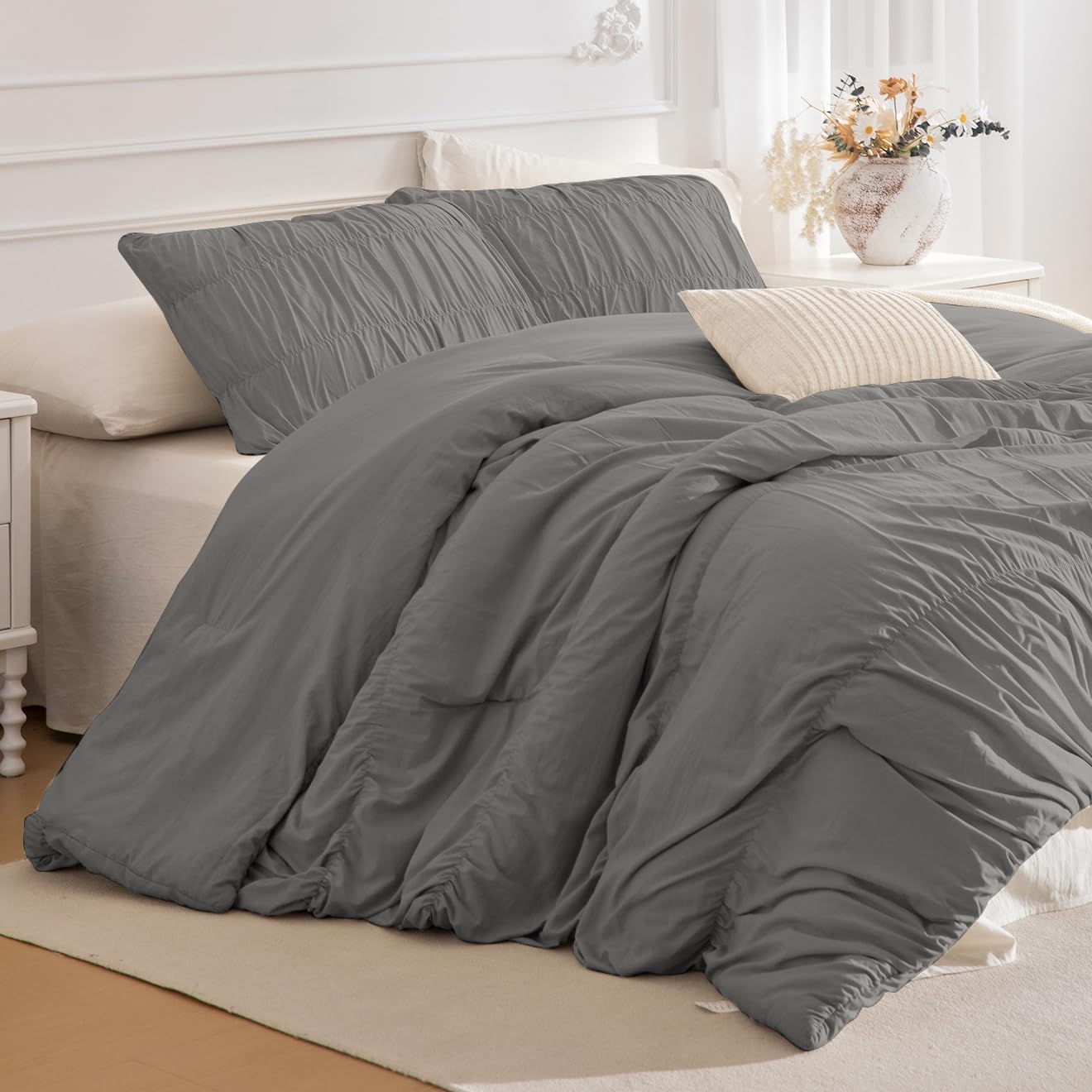 Lady Ann Gray Ruched Comforters Oversized King Size 120x120 Bedding Comforter Sets for Bedroom, 3 Piece Fluffy Boho Bedroom Set with Pillow Shams Soft All Season Bed Sets Oversized King (120"x120") Gray