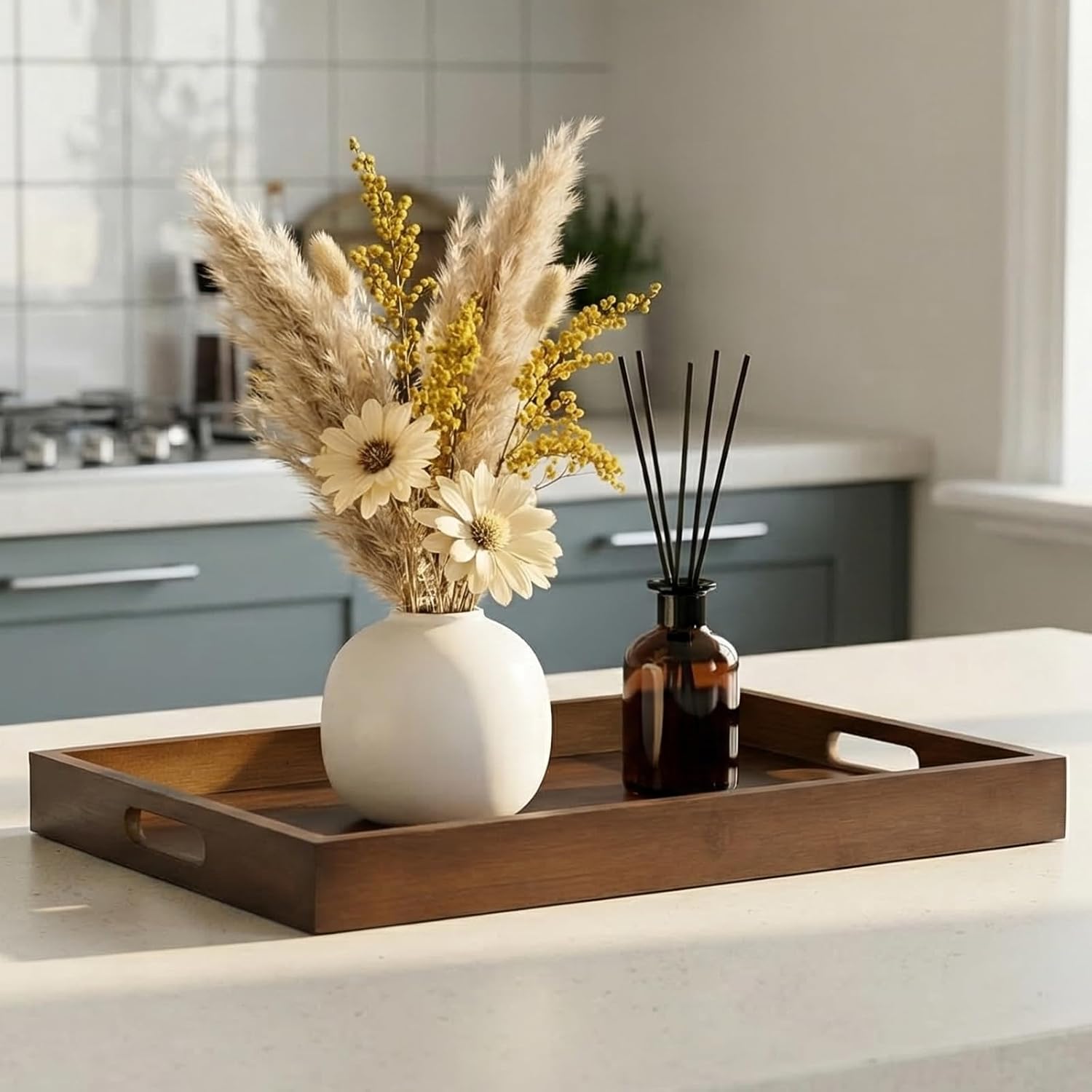 17.3‘’x11.8''x1.57''Large Bamboo Wooden Tray with Handles, Rectangular Natural Solid Wood, Walnut Brown Color Serving Tray.Suitable for Kitchen,Bedroom,Breakfast,Coffee,Decorative,Party Bars.