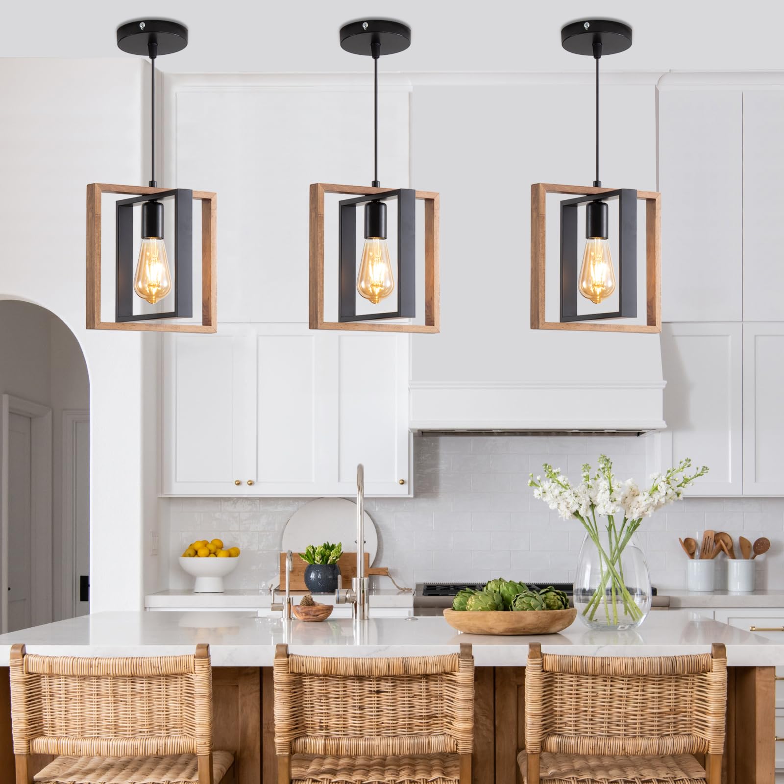 Mikeru Farmhouse Vintage Pendant Light, 3 Pack Black Metal and Wooden Design, Industrial Style Pendant Light, Height Adjustable 1.2M with E27 Base, for Living Room, Dining Room, Tea Room, Bedroom — image 1