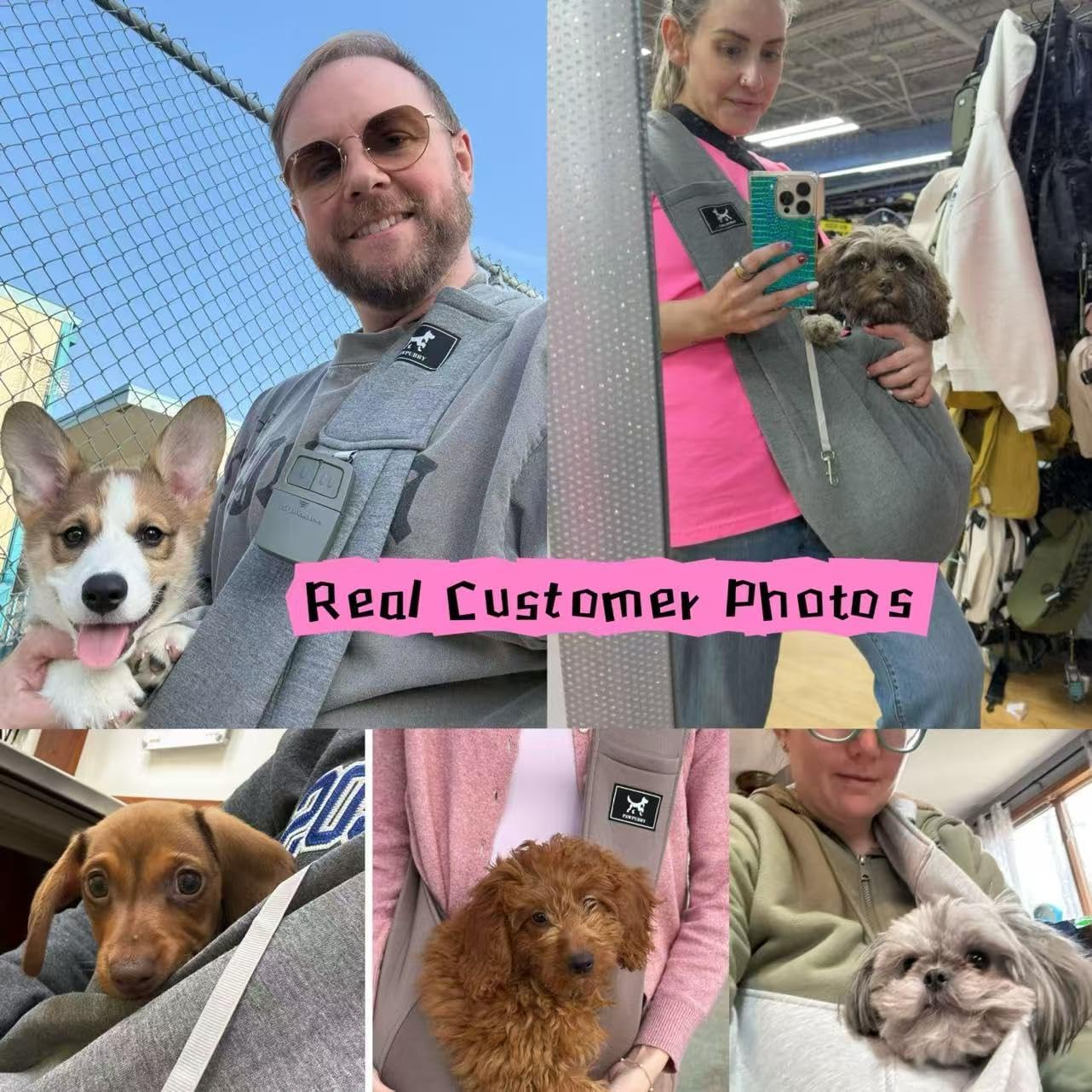 Dog Sling Carrier for Small Dogs Cats up to 15 lbs - Hands Free Puppy Carrier Bag (Plus Size L) - Ergonomic Padded Shoulder Strap & Safety Hook Based on Owner's Bust Length, Caramel