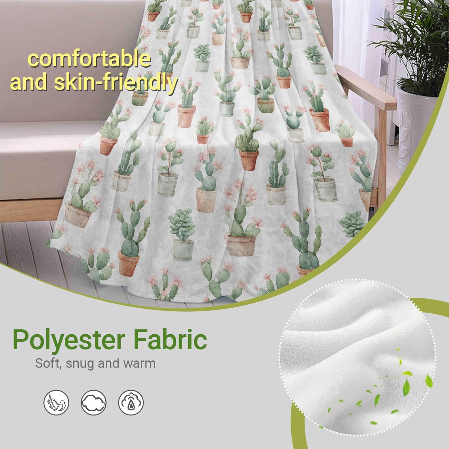 Watercolor Cactus Blanket,Potted Plant and Flower Fleece Blankets,Soft Warm Decorative Throw for Couch,Bedroom,Travel,Camping,Practical Throws Gifts for Kids Women Nature Lovers,50X60 Inch - Image 3