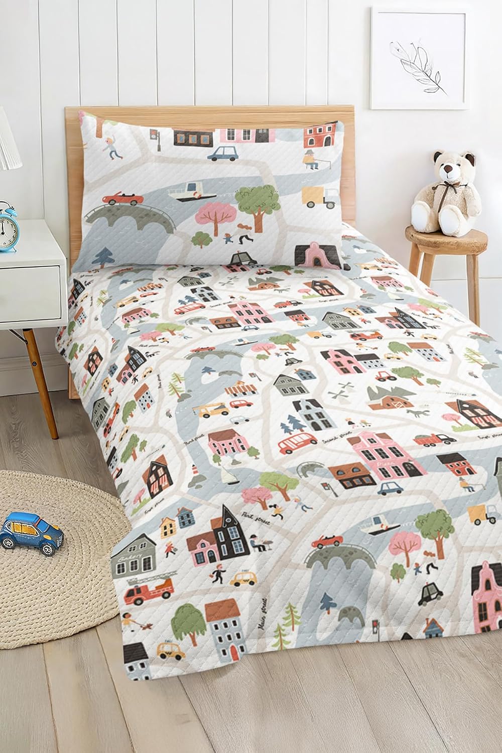 SODEF Quilt Set Twin Size City and Vehicle Pattern for Kids and Teens, Lightweight Cotton Polyester Blend, 2 Piece Set, Breathable, Multicolor - Multicolor, One Size