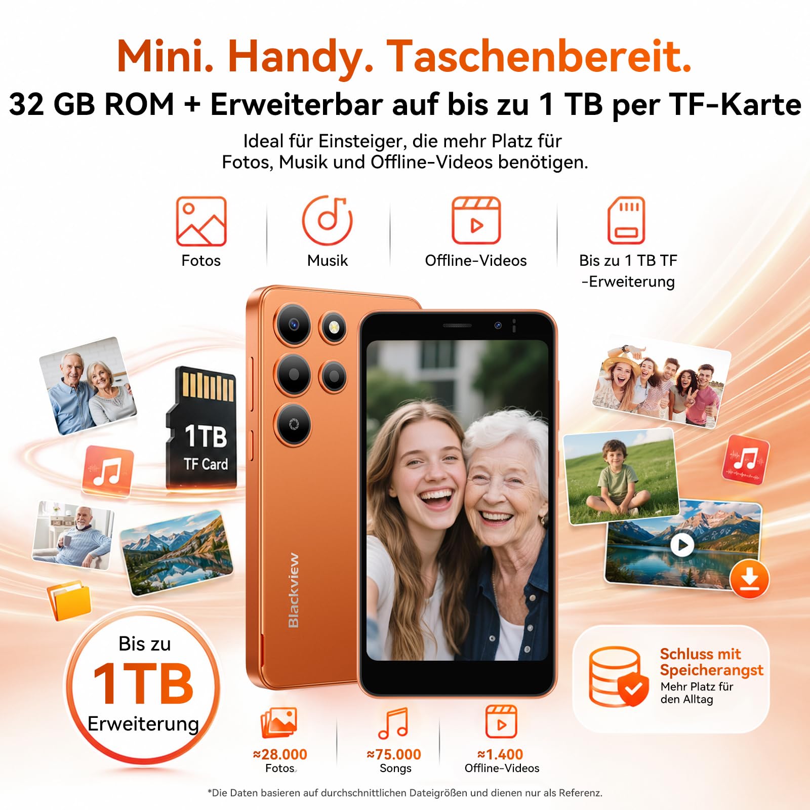 Blackview Wave 2C Mini Handy Android 16, 5" HD+ IPS Smartphone Ohne Vertrag, 9GB+32GB/1TB, 4G Dual SIM/Face ID/GPS, Orange