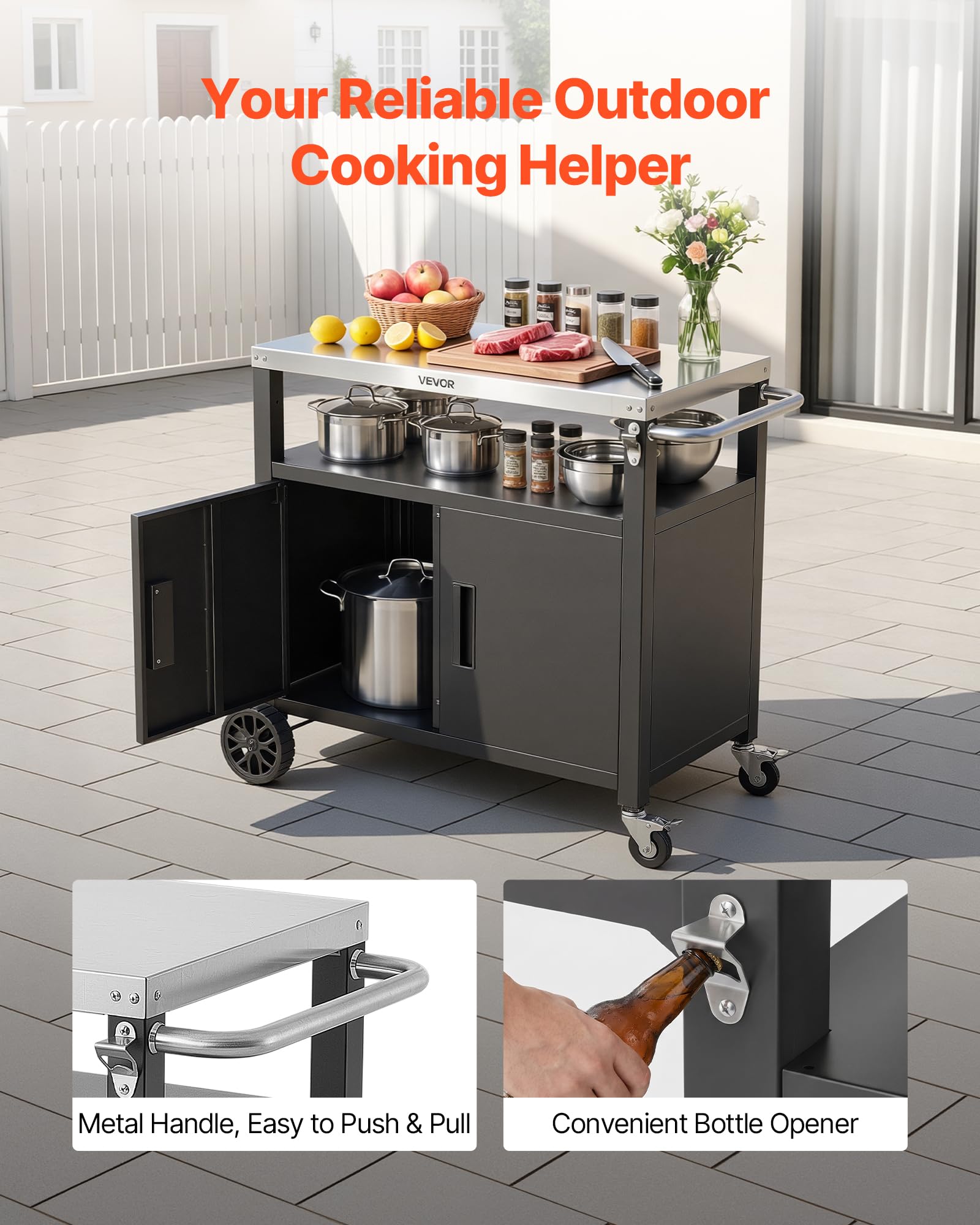 VEVOR Carrello per Barbecue Cucina da Esterno, Tavolo con Ruote per Barbecue Portaoggetti da Esterno Isola Cucina con Ripiano in Acciaio Inox, 924 x 445 x 818 mm, Mobiletto Preparazione da Giardino