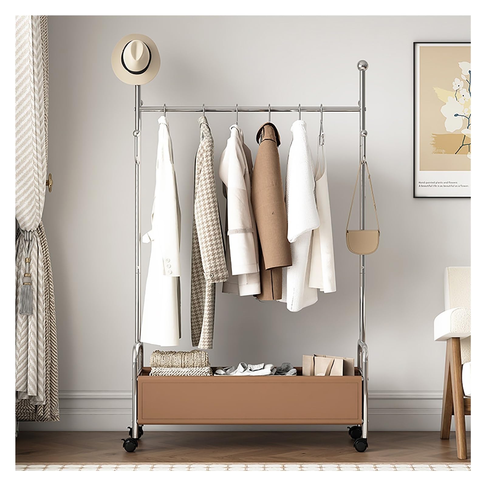 Lshtshf-ou Heavy Duty Garment Rack With Wheels Clothes With Storage Basket Portable Wardrobe Racks(Gray,60cm/23.6in)