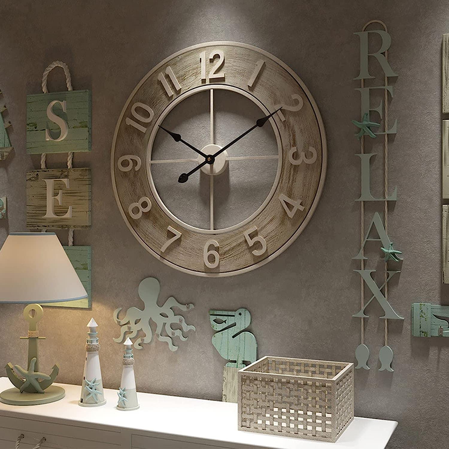 XJBTBA Horloge Murale de extérieure, 24 pouces/60 cm, Grande Horloge de, décoration d'horloge extérieure à Quartz silencieuse pour Patio, Piscine, clôture, Porche, Maison