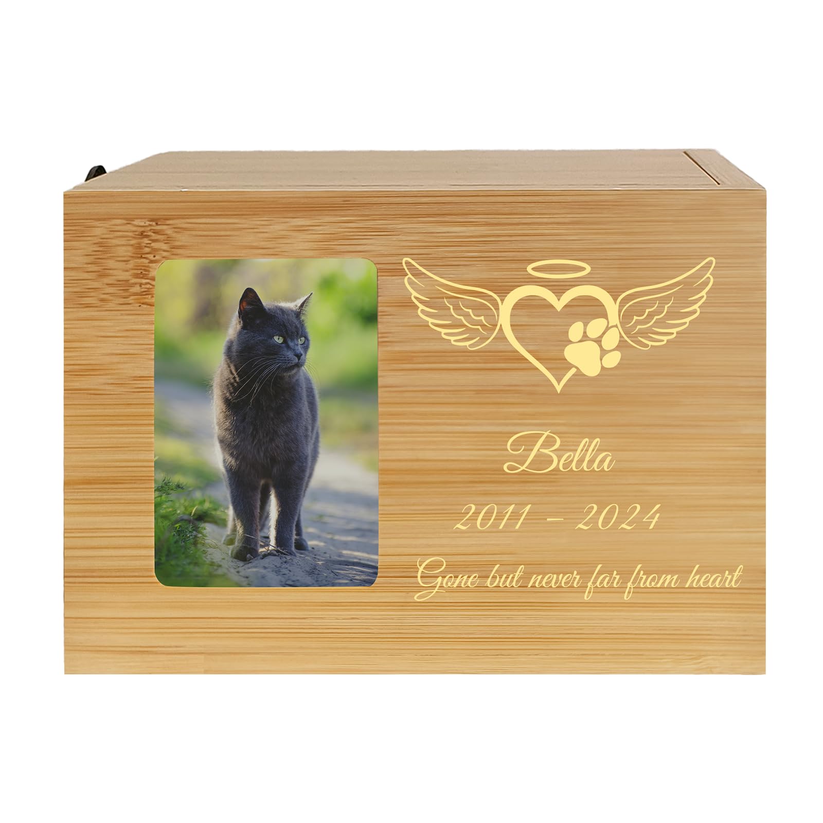 Urna commemorativa Personalizzata per Animali con Foto, Nome, Data e Testo inciso, in Legno o bambù di Dimensioni Medie per Cani, Gatti e Conigli (bambù)
