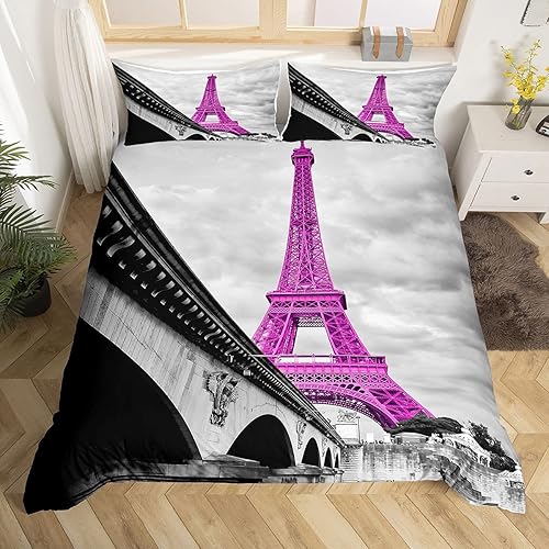 Miniatura 1 de Juego de fundas nórdicas para niños de la Torre Eiffel, tamaño individual, decoración de París para adultos, mujeres, niñas, púrpura, decoración de