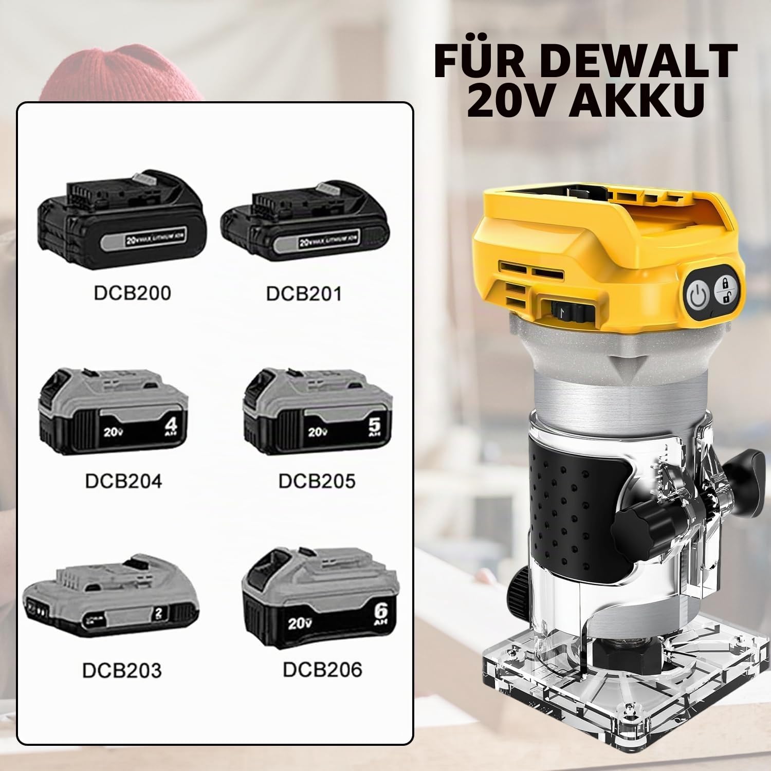 Oberfräse Kompatibel mit Dewalt 20V Akku, 1300W Bürstenlose Kantenfräser Trimmer Einhandfräse mit 6 Geschwindigkeiten, Führungsrad, Geradführung, 15 Fräsern und 2 Schraubenschlüsseln (ohne Akku)