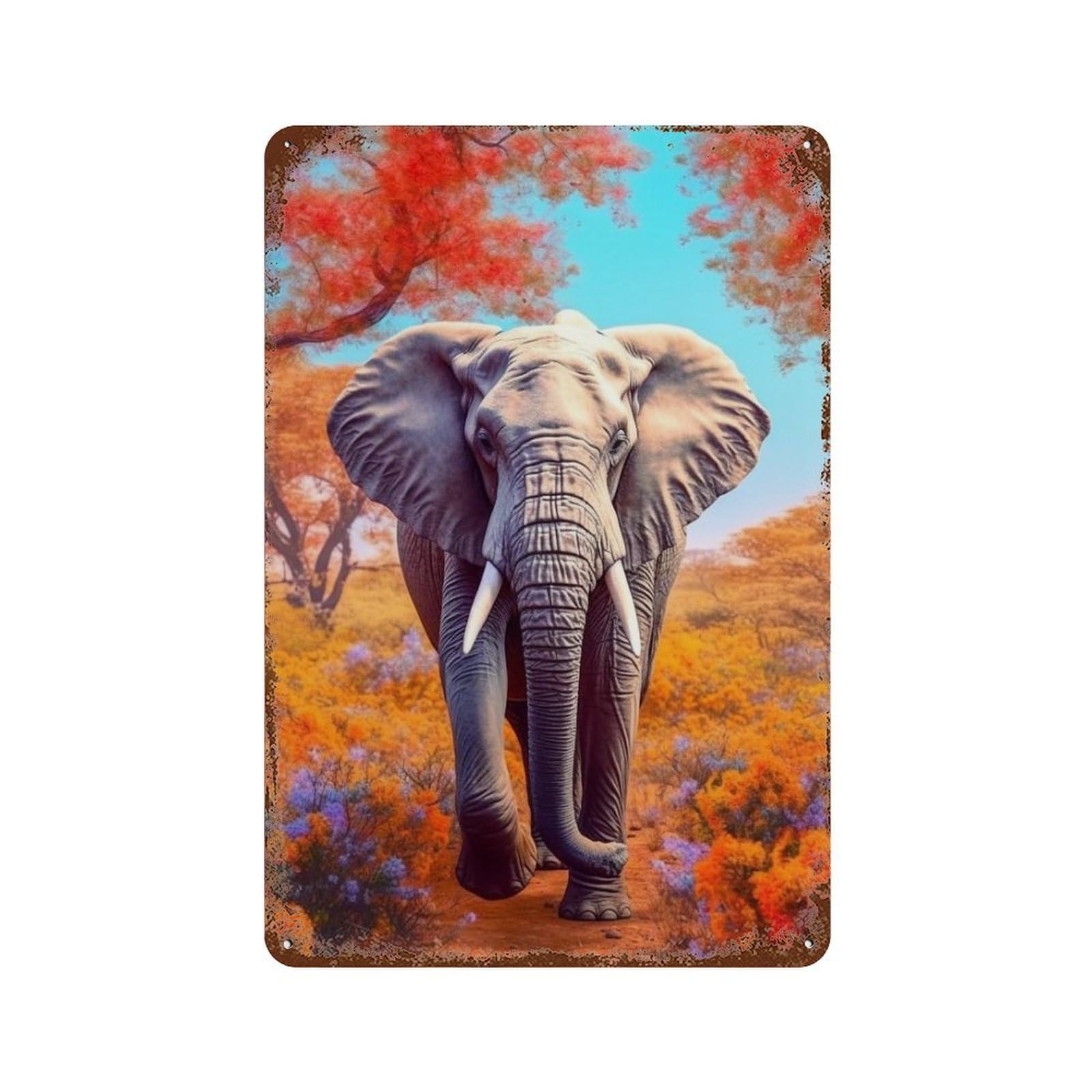 African Elephant in Autumn Landscape Decorative Tin Sign 11.8"x7.9", Vintage Wall Decor for Garage, Pub Or Kitchen