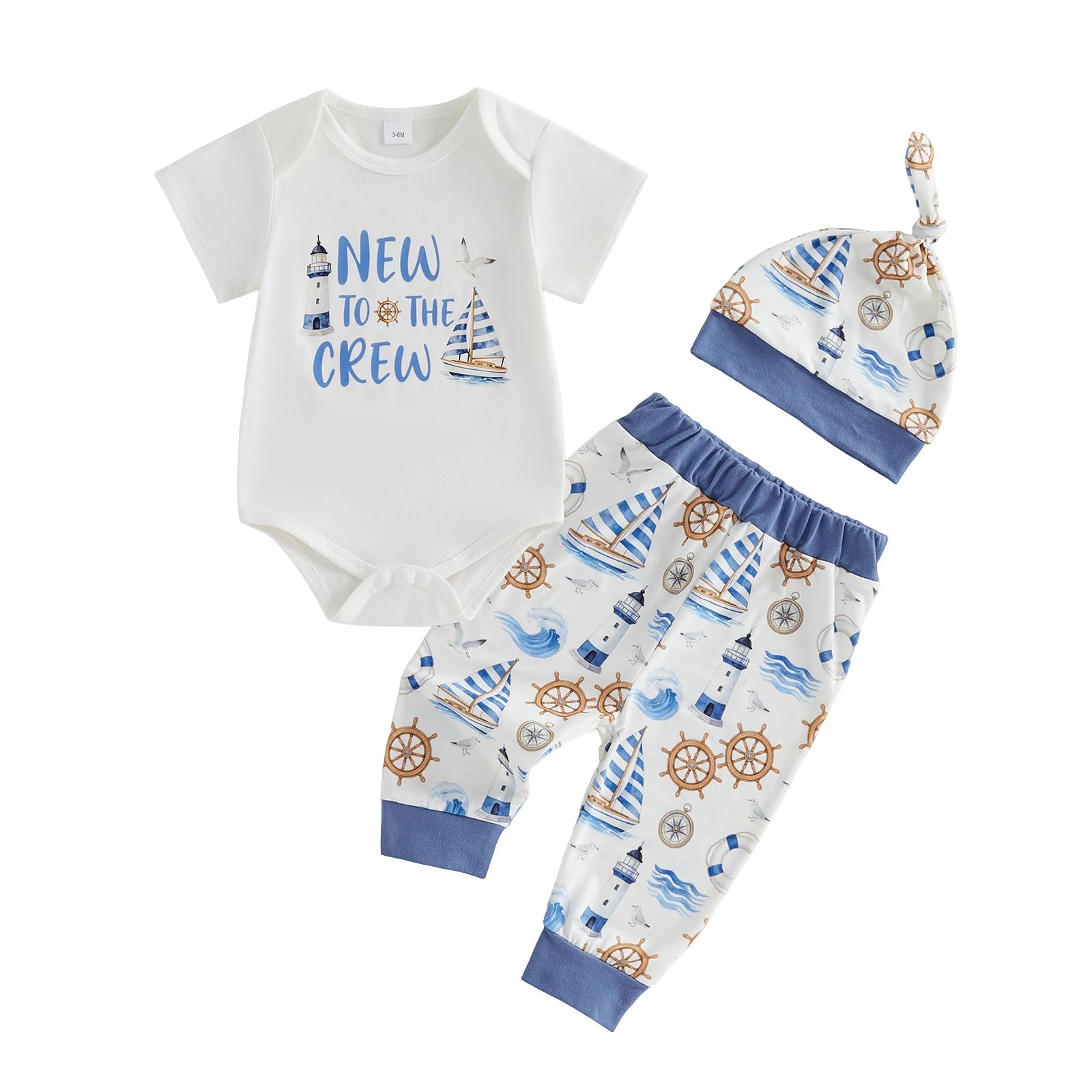 Bagilaanoe Summer Baby Boy Clothes New To The Crew Sailboat Short Sleeve Romper Pants Hat Sailing Outfits Set