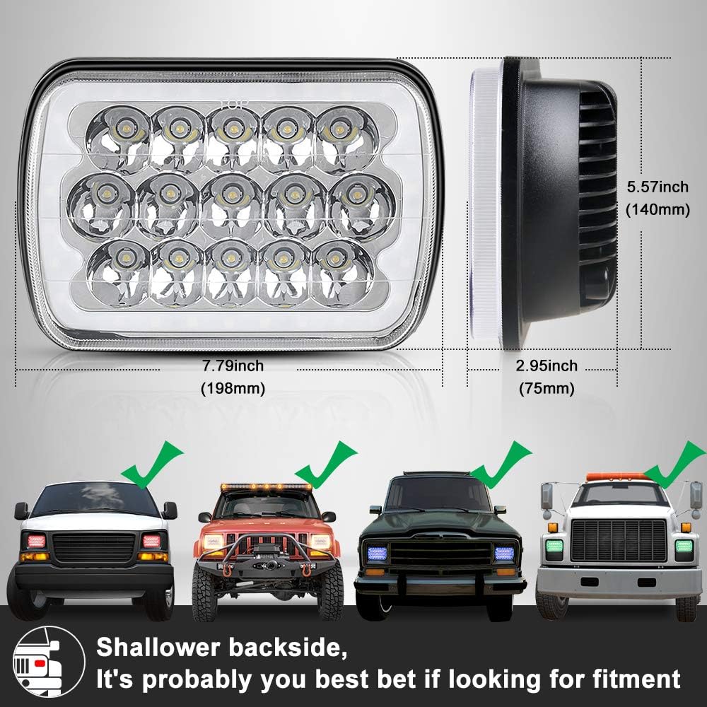 Diagram showing the dimensions of the 5x7 LED headlight (7.79 inches wide, 5.57 inches high, 2.95 inches deep) and examp互換性のある車両のリスト。
