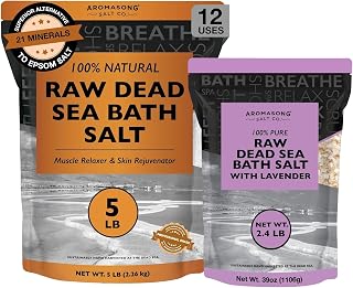 Aromasong RAW Natural Dead Sea Salt (5 LB.) with RAW Dead Sea Salt Infused with Natural Lavender Essential Oil (2.43 lb.) - Bath Soak for Women & Men with Tired Muscles & Skin Issues.