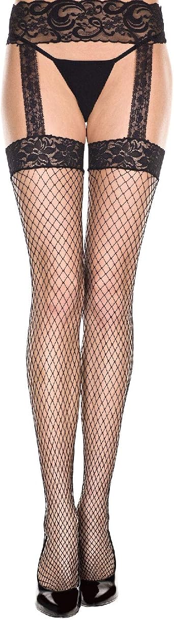 MUSIC LEGS Womens Lace Top Mini Diamond Net Spandex Garterbelt Stockings