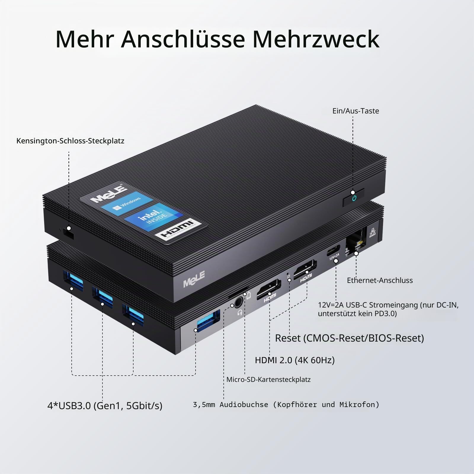 MeLE Lüfterloser Mini-PC Windows 10 Pro Celeron J4125 8GB DDR4 256GB eMMC Ultra-Thin Mini Desktop Computer 4K HDMI x2, Dual Band WiFi, USB x4 Gigabit Ethernet, BT 4.2