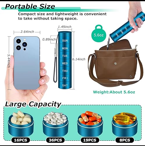 Miniatura 2 de Pastillero de viaje, pastillero de metal impermeable semanal, pastillero, pastillero diario a prueba de humedad, 7 días, contenedor grande para