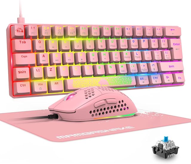 Mechanical Gaming Keyboard & Mouse Combo Set, RGB Backlit Keys, Dedicated Multi-Media Keys, Mini 60% Keyboard, Spill-Resistant, 6400dpi Programmable Gaming Mouse, Mice Pad, QWERTY UK Layout - Pink