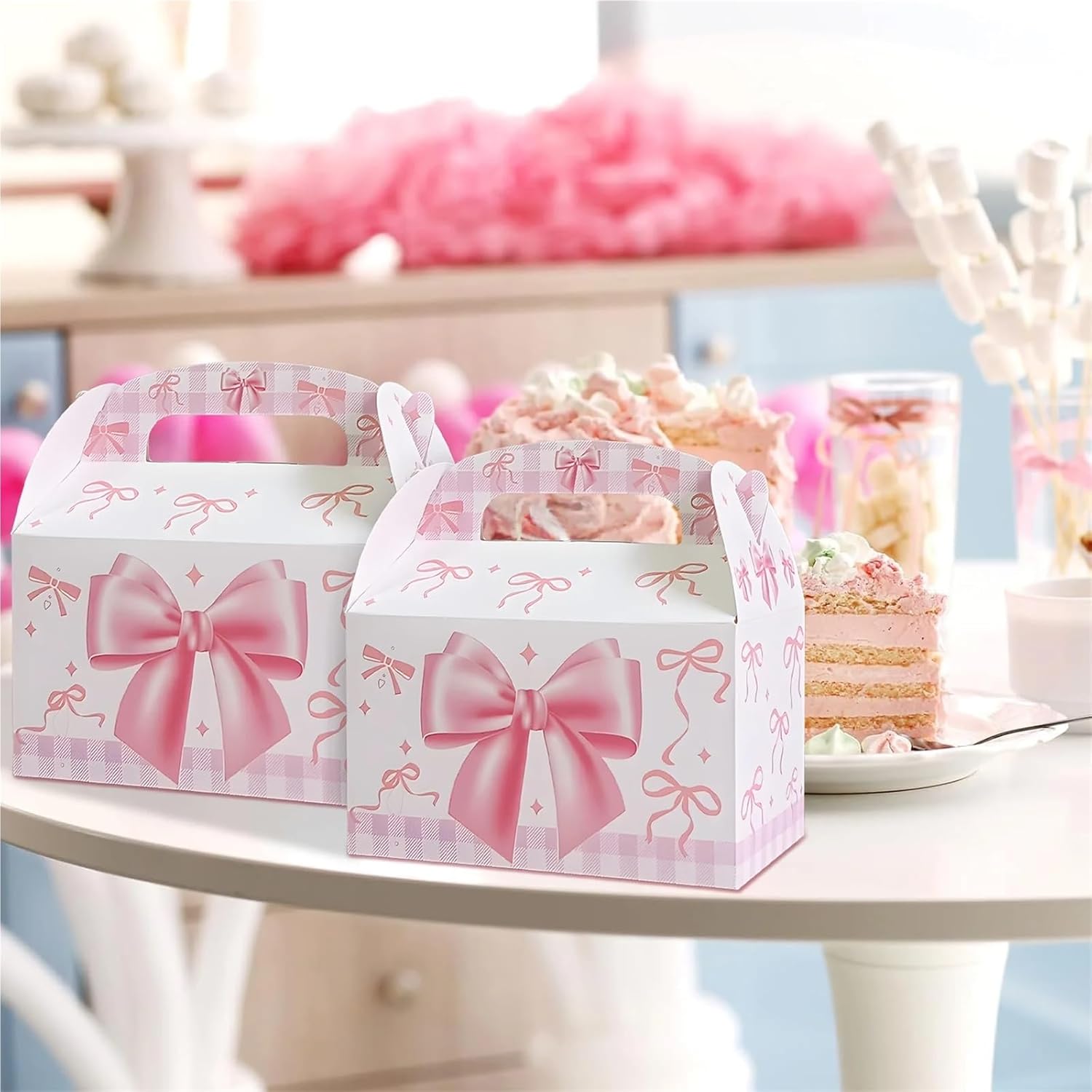 Cake Box 12/24pcs Pink Bow Kraft Paper Box Handheld Kids Packaging Cake Candy Biscuits Storage Baking Birthday Party(24pcs)